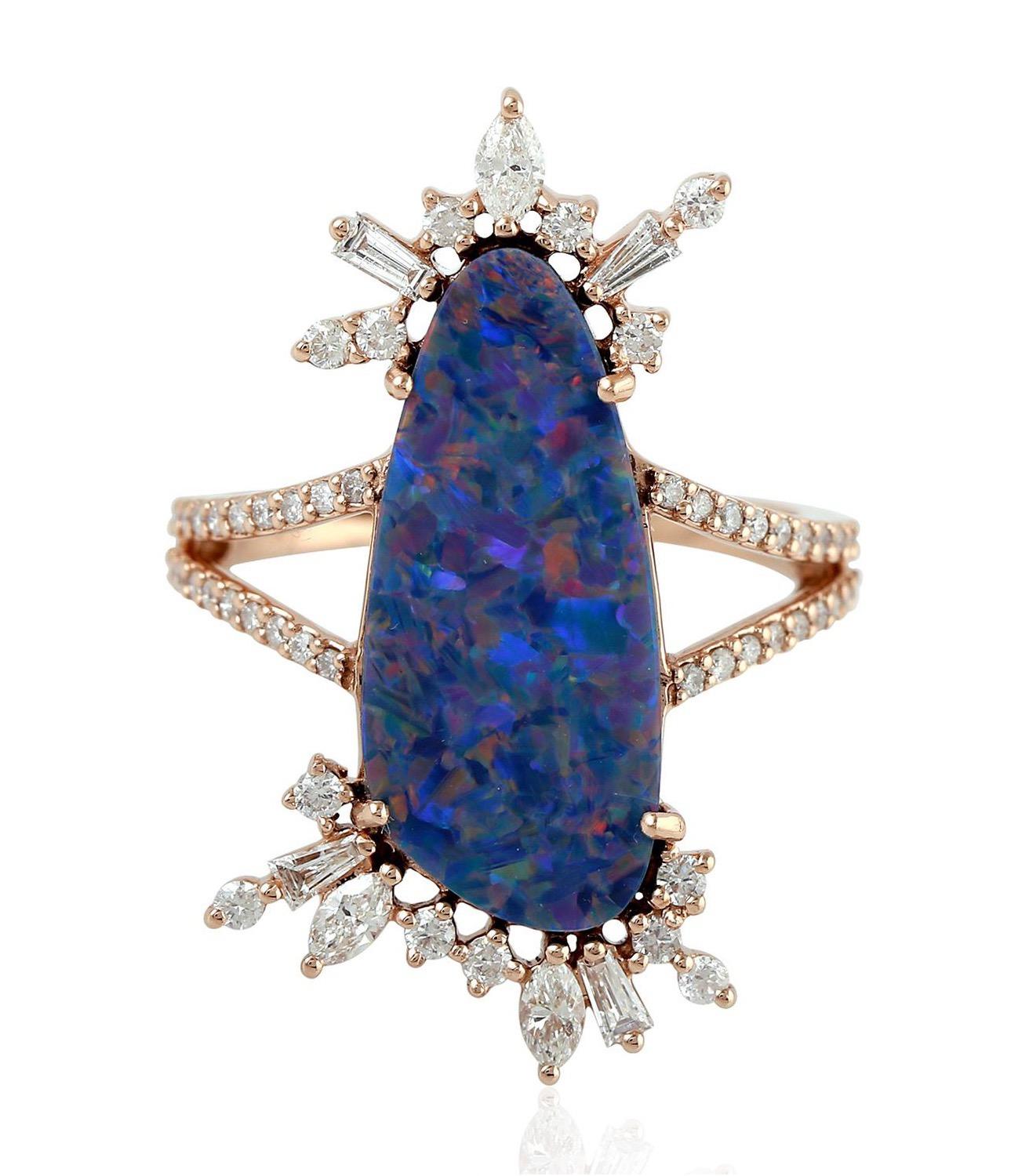 3.5 Quilates Ópalo Diamante 18 Quilates Anillo Cóctel Fuegos Artificiales Corte baguette en venta