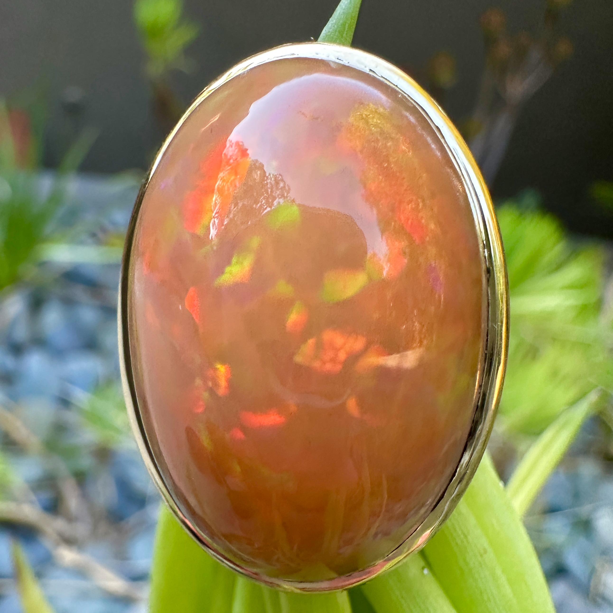 35 Carat Orange Ethiopian Opal in Brushed 18 Karat Yellow Gold Cocktail Ring In New Condition For Sale In Sherman Oaks, CA