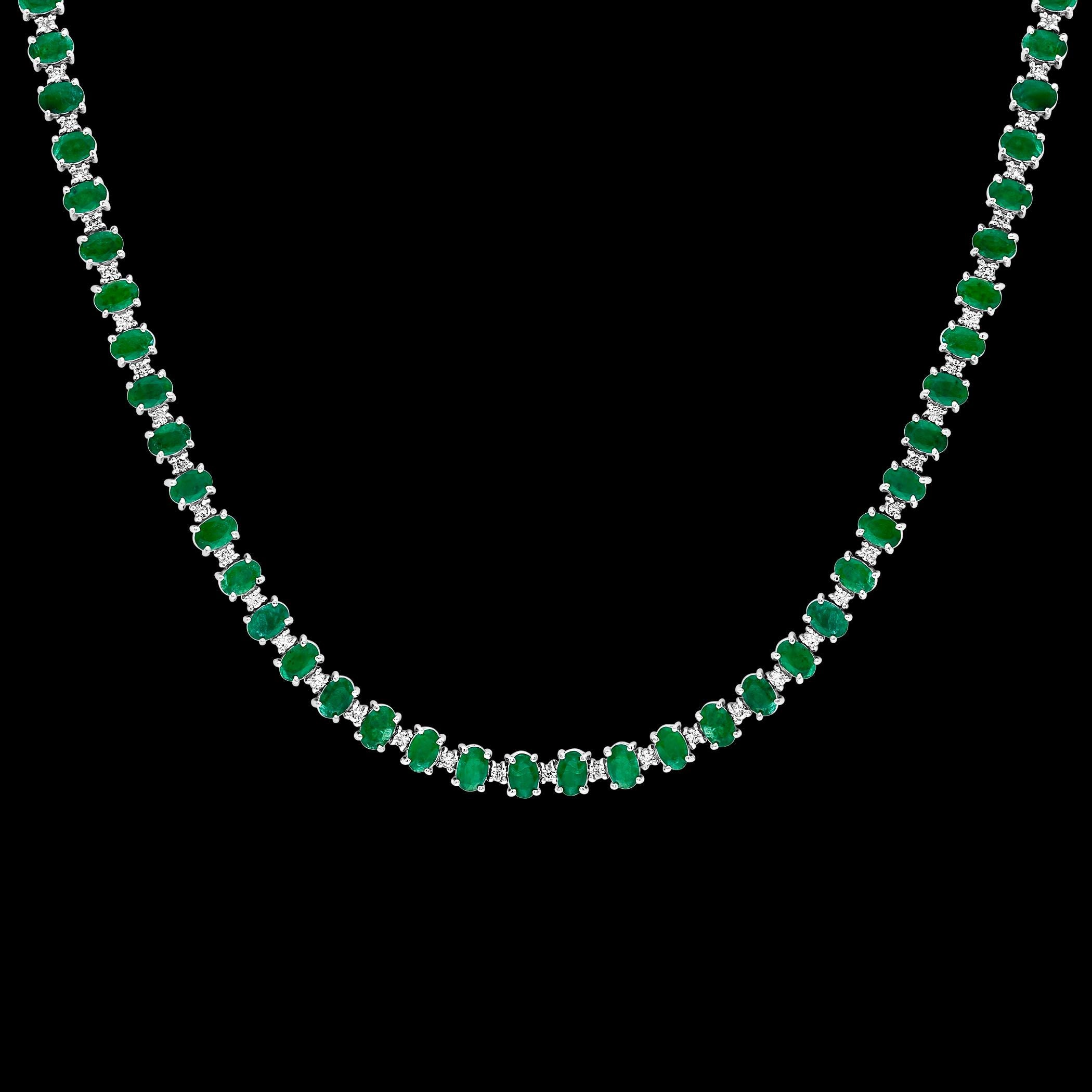 35 Carat Oval Brazilian Emerald & 3 Carat Diamond Tennis Necklace 14KWG 12