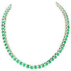 35 Carat Oval Brazilian Emerald & 3 Carat Diamond Tennis Necklace 14KWG