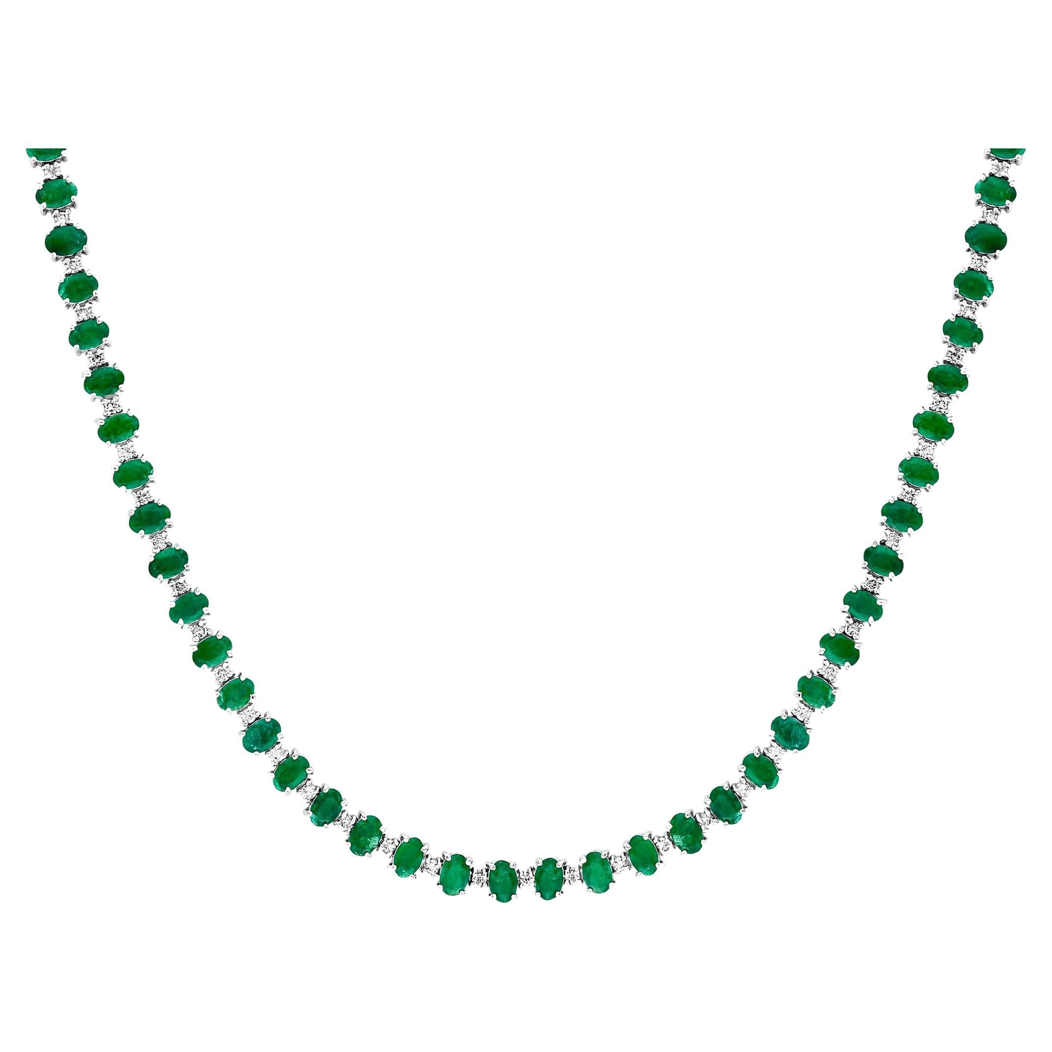 35 Carat Oval Brazilian Emerald & 3 Carat Diamond Tennis Necklace 14KWG