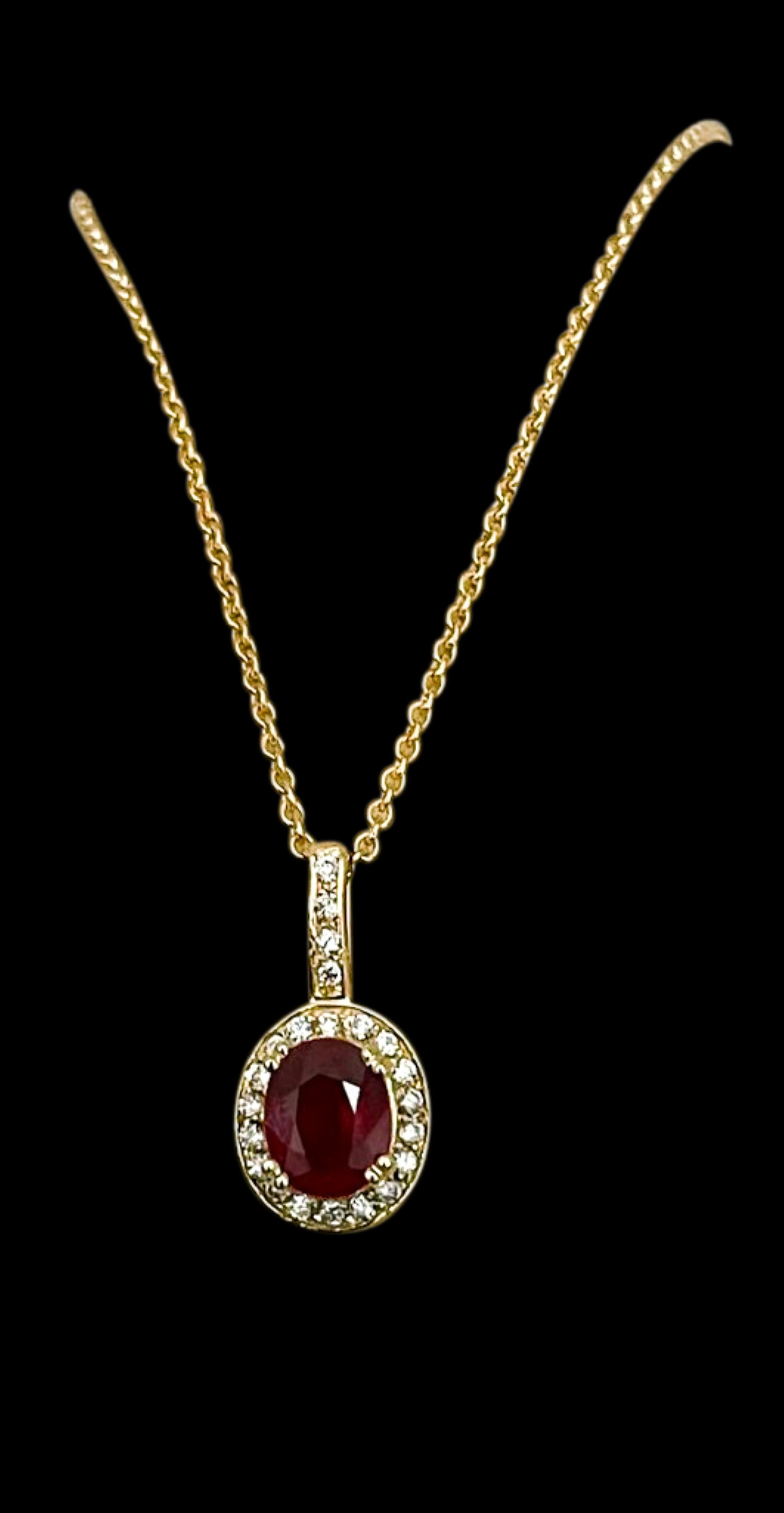 Approximately 3.5  ct Oval Cut Ruby Pendant or Necklace 14 Karat Yellow Gold with Chain 20 inches
This Simple yet elegant Necklace  consisting of a single Cushion shape Treated Ruby with a solid 14 Karat Yellow gold chain
Measurement of the stone