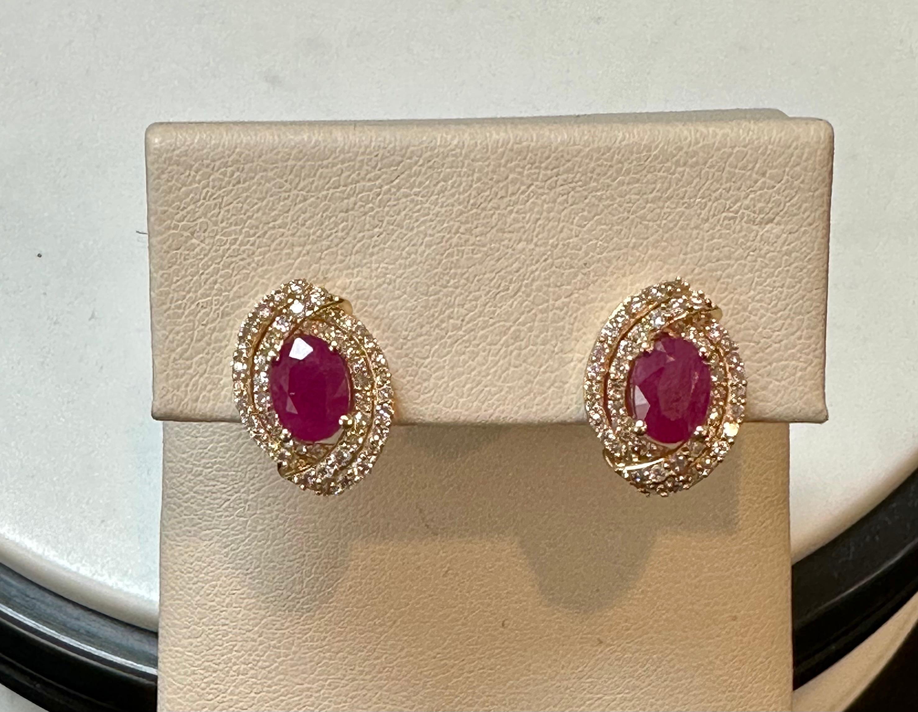 3.5 Carat Oval Natural  Ruby & 1.2 Ct Diamond Stud Earrings 14 Karat Yellow Gold For Sale 6