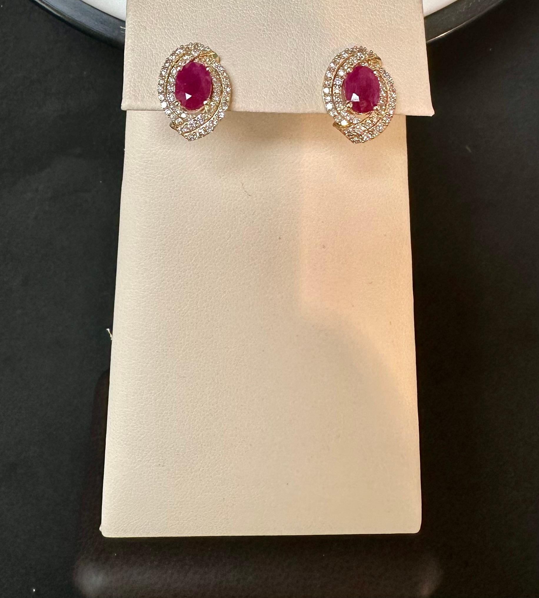 3.5 Carat Oval Natural  Ruby & 1.2 Ct Diamond Stud Earrings 14 Karat Yellow Gold For Sale 7