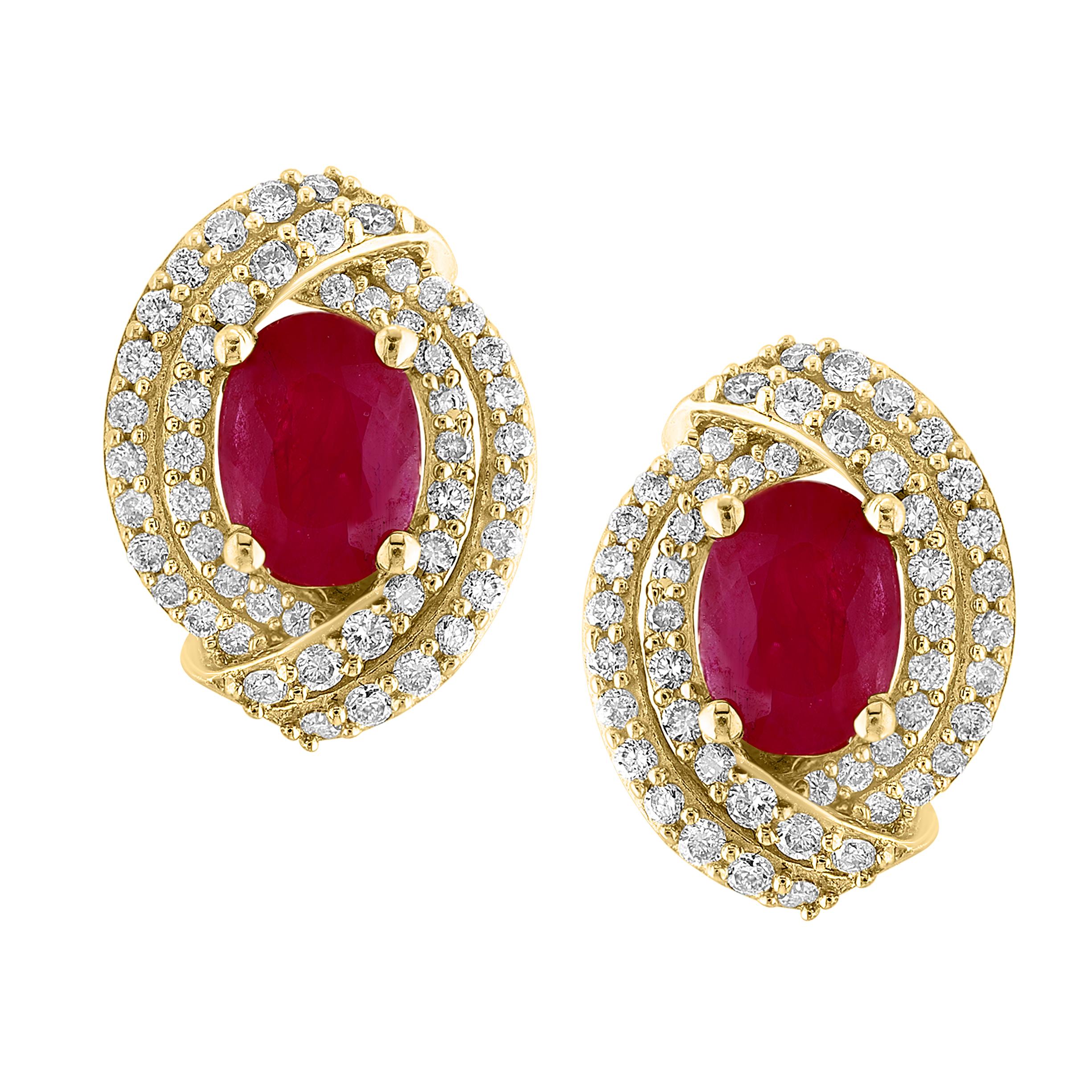 Oval Cut 3.5 Carat Oval Natural  Ruby & 1.2 Ct Diamond Stud Earrings 14 Karat Yellow Gold For Sale