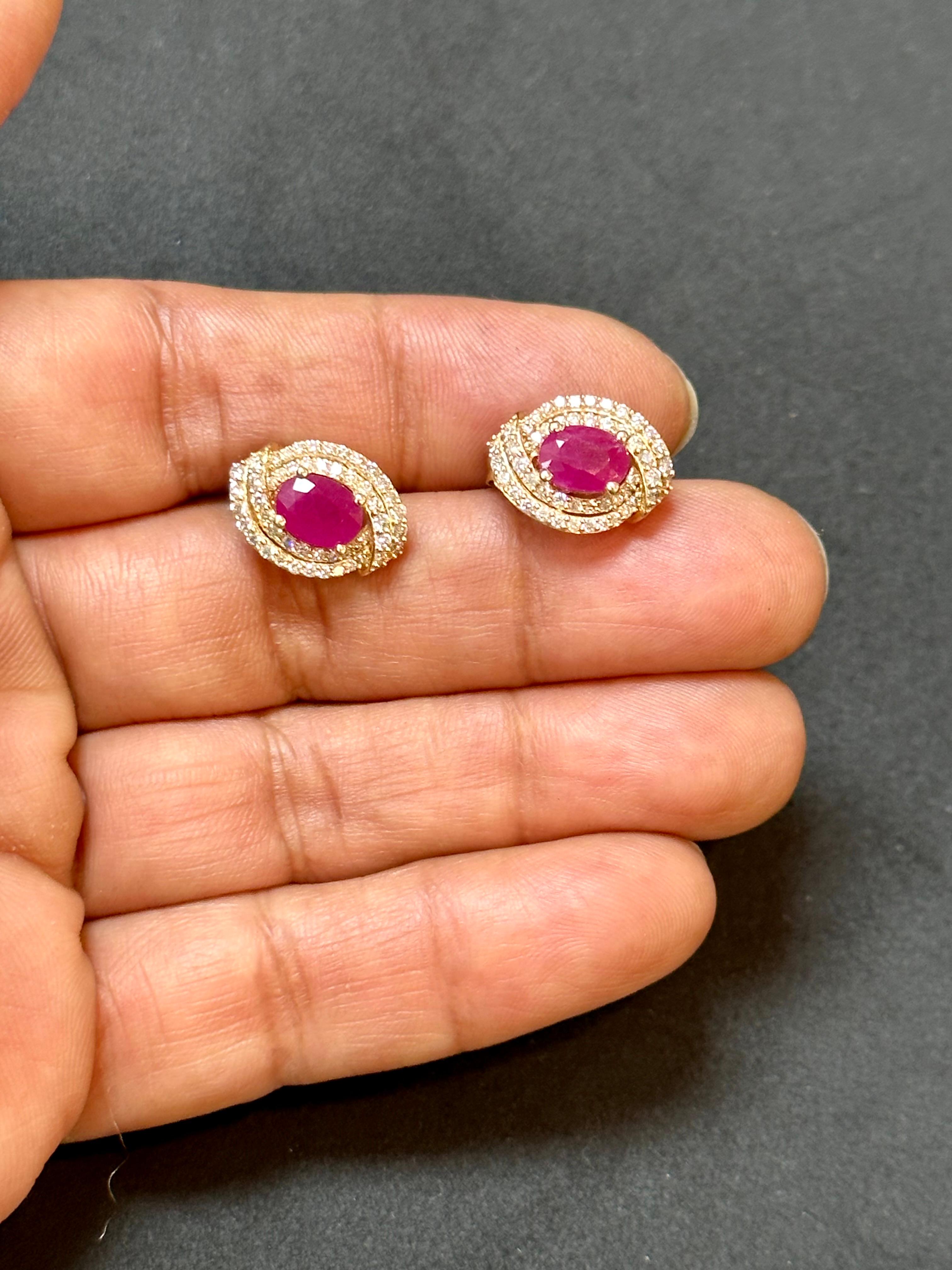3.5 Carat Oval Natural  Ruby & 1.2 Ct Diamond Stud Earrings 14 Karat Yellow Gold For Sale 1