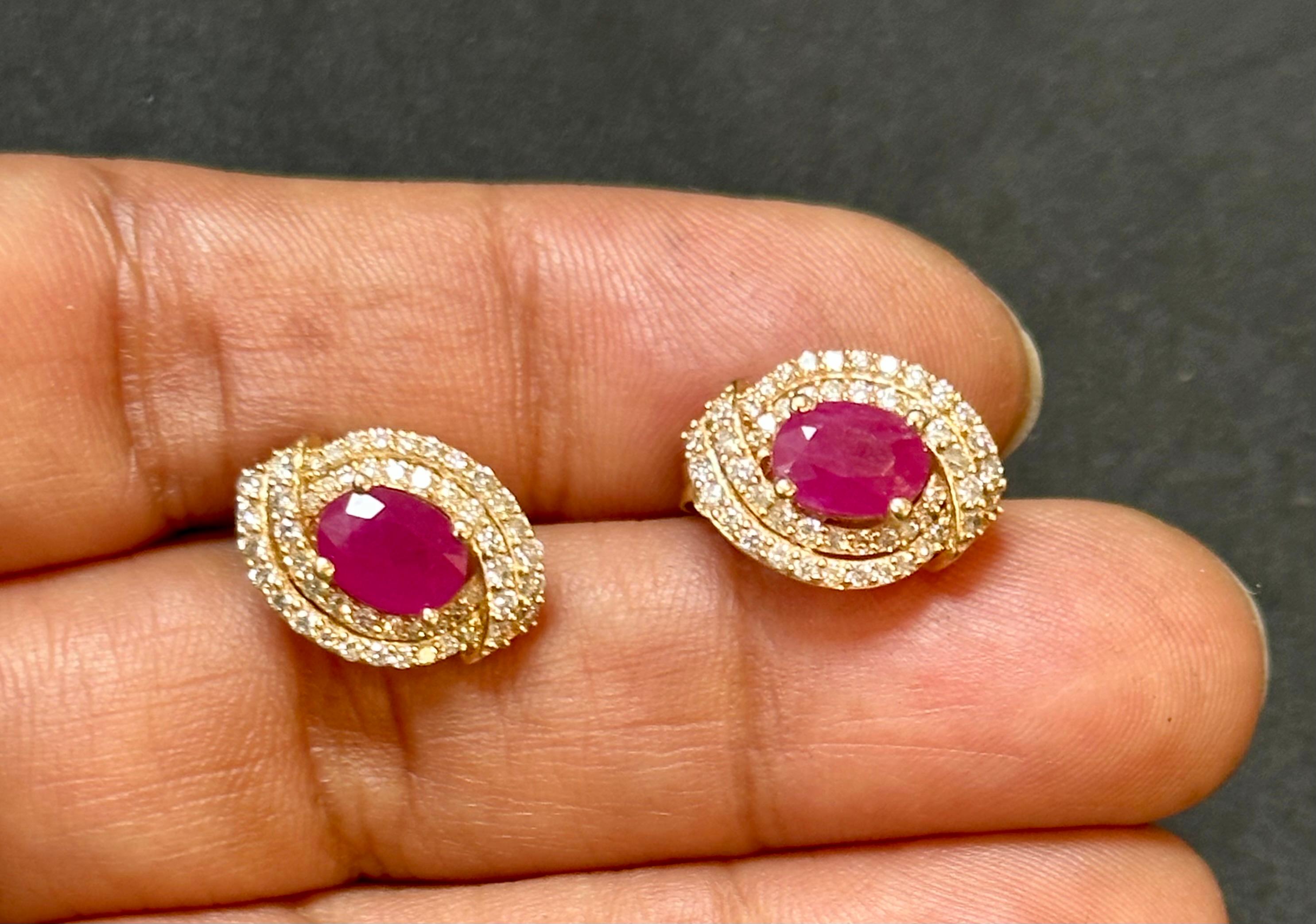 3.5 Carat Oval Natural  Ruby & 1.2 Ct Diamond Stud Earrings 14 Karat Yellow Gold For Sale 3
