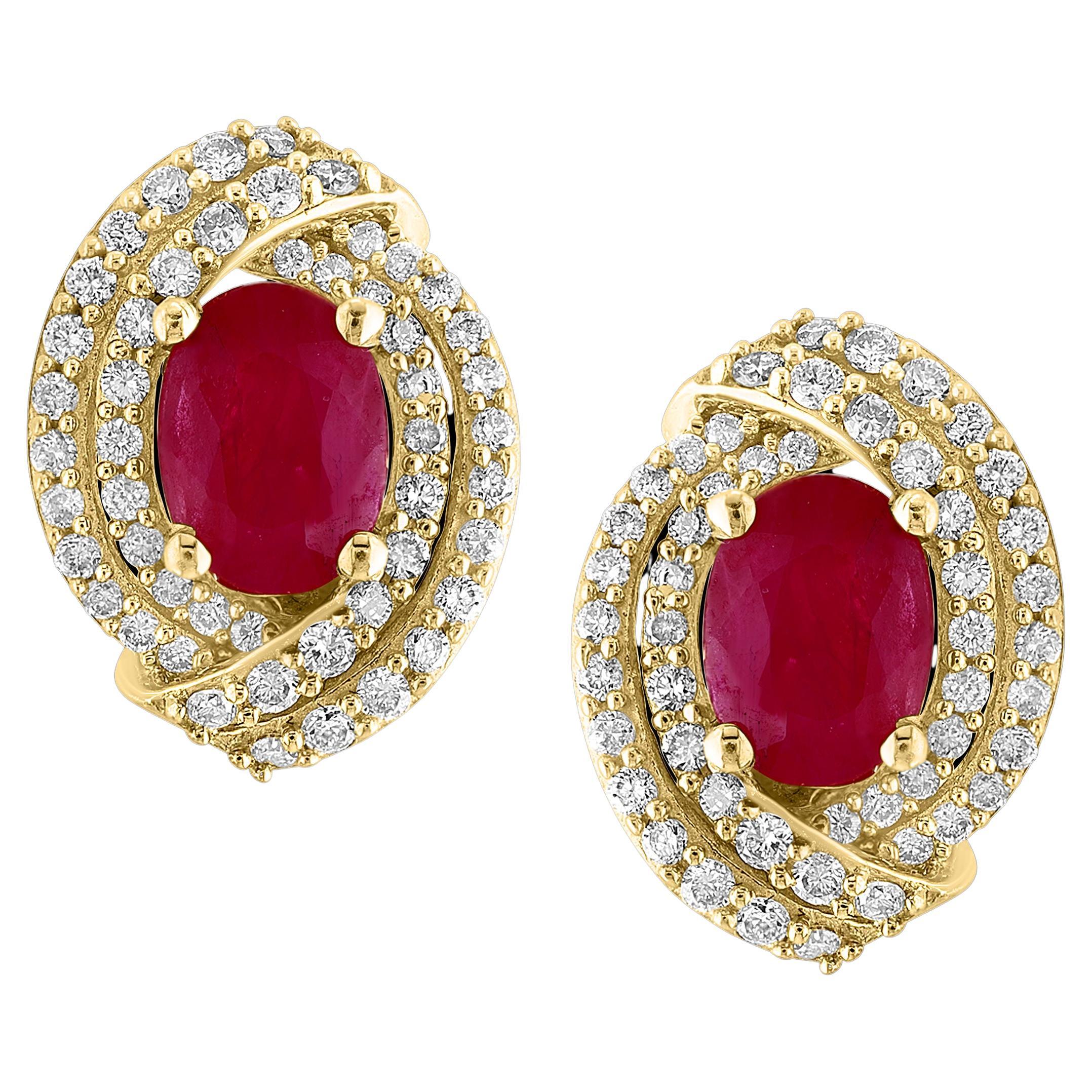 3.5 Carat Oval Natural  Ruby & 1.2 Ct Diamond Stud Earrings 14 Karat Yellow Gold For Sale