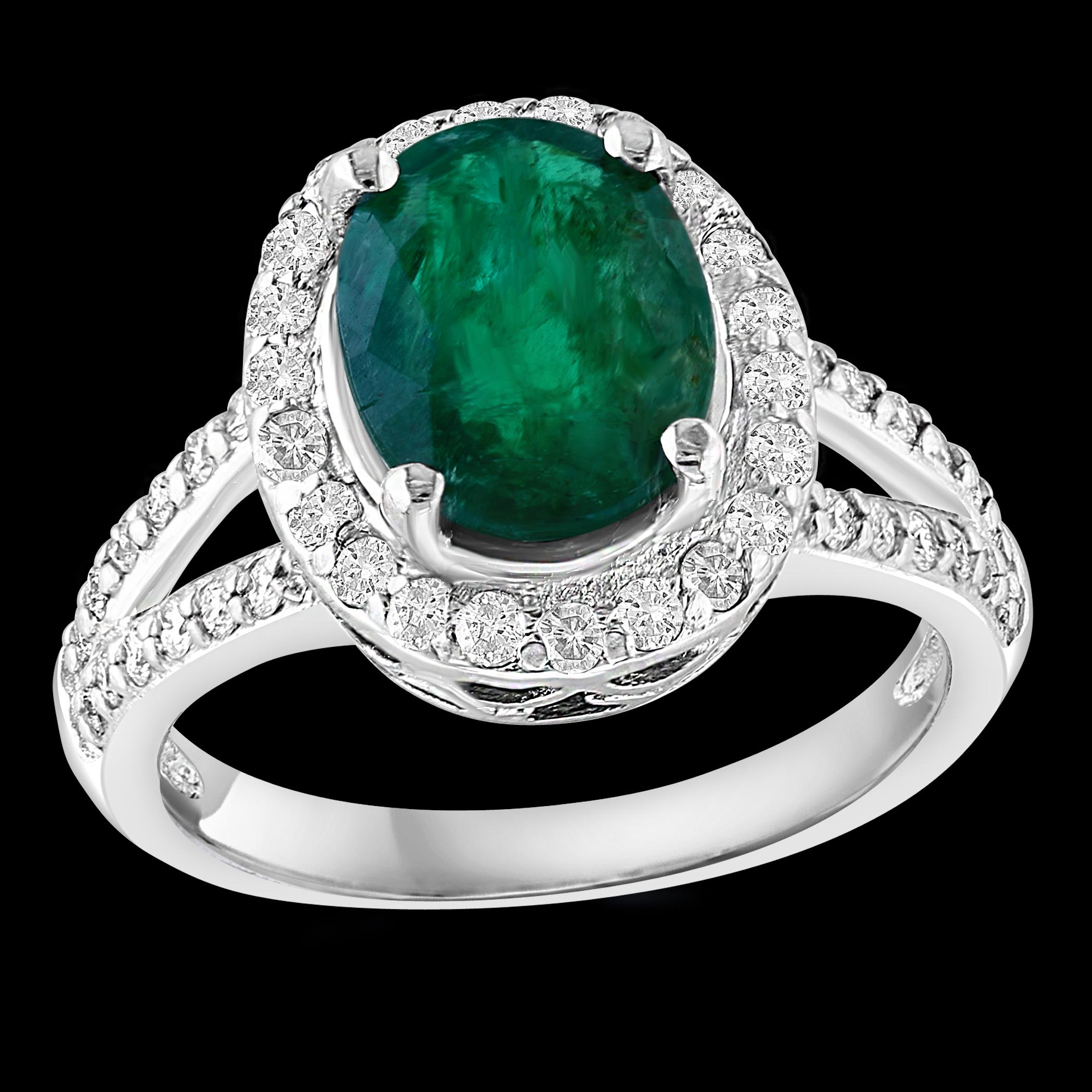 For Sale:  3.5 Carat Oval Natural Zambian Emerald & 1.8 ct Diamond Ring 14 Karat White Gold 13