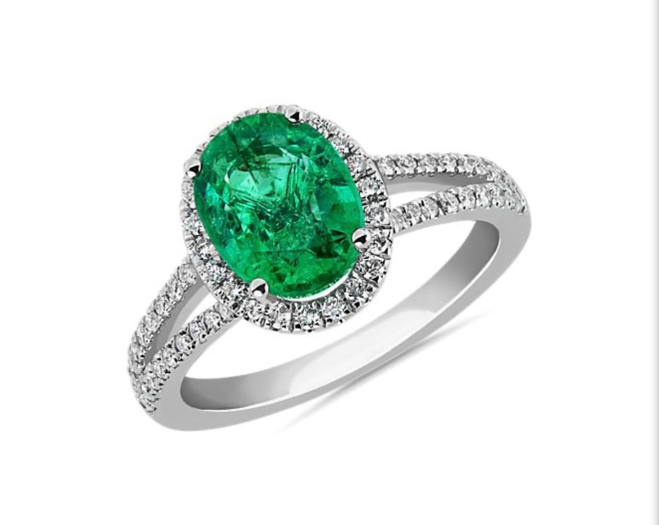 For Sale:  3.5 Carat Oval Natural Zambian Emerald & 1.8 ct Diamond Ring 14 Karat White Gold 14