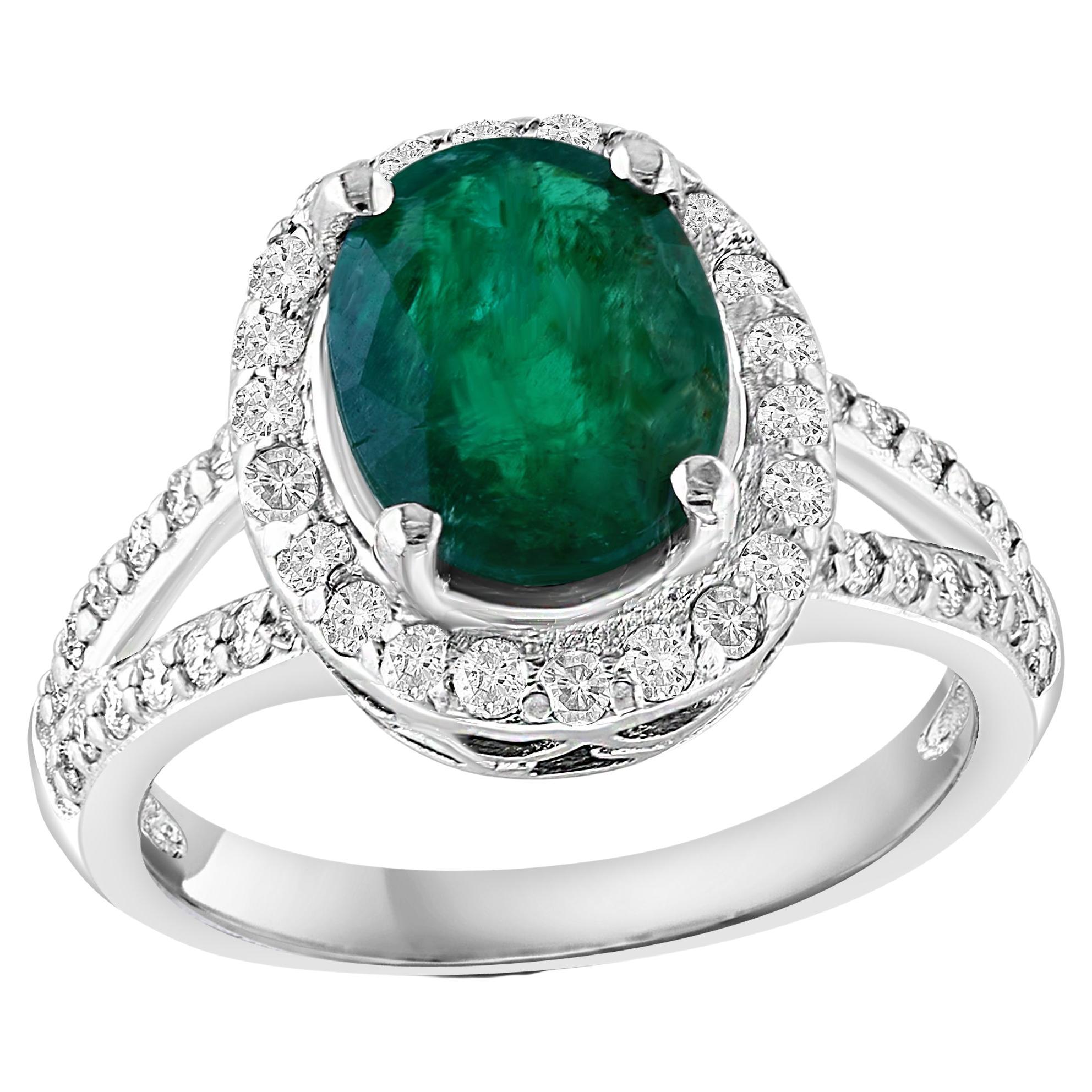 For Sale:  3.5 Carat Oval Natural Zambian Emerald & 1.8 ct Diamond Ring 14 Karat White Gold