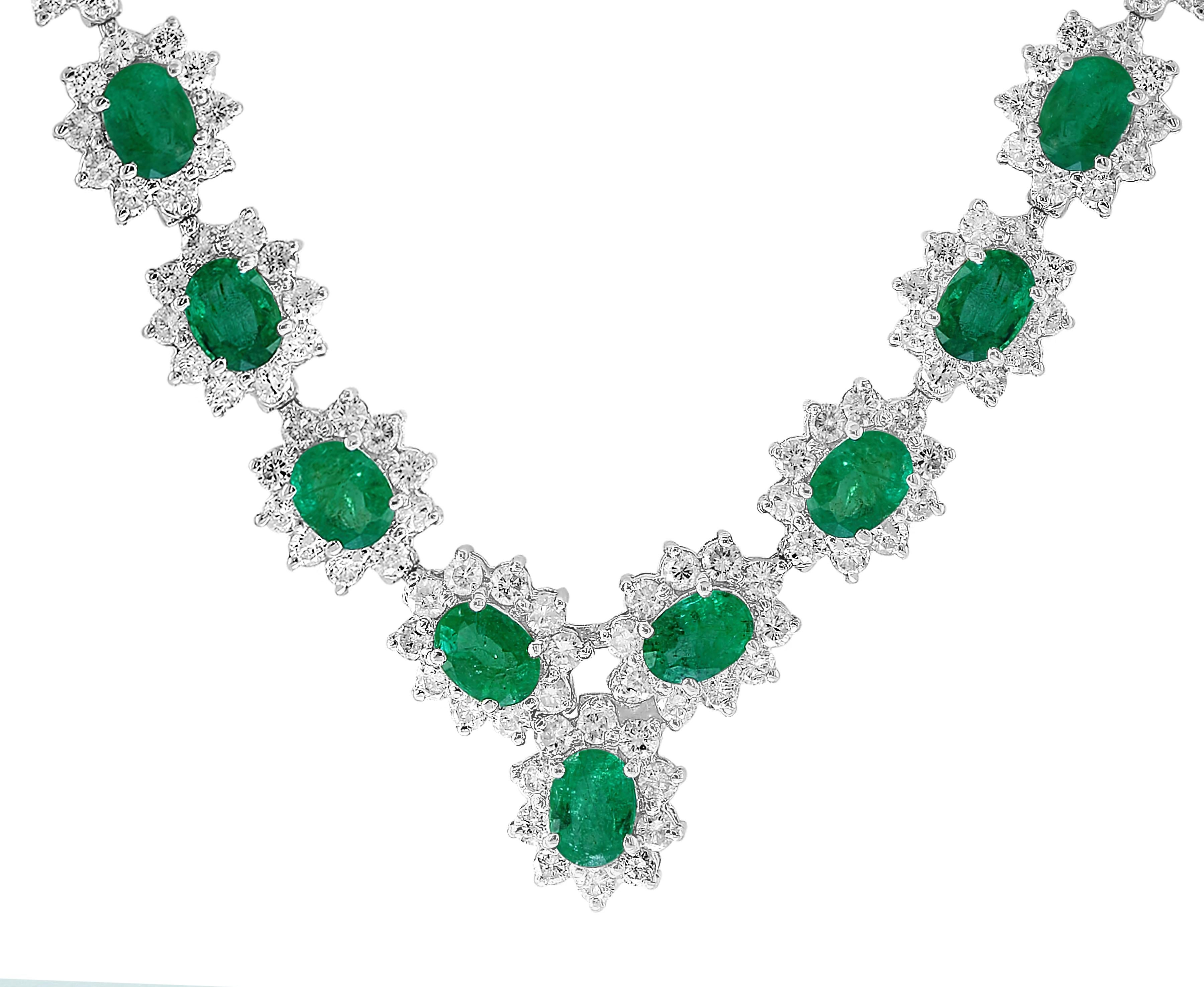 30 Carat Oval Shape Natural Emerald & 23 Carat Diamond Necklace in 18 Karat Gold
This spectacular Bridal  Necklace  consisting of 35 oval shape emeralds , each emerald approximately 1 Carat. Each oval emerald is surrounded by brilliant cut diamonds