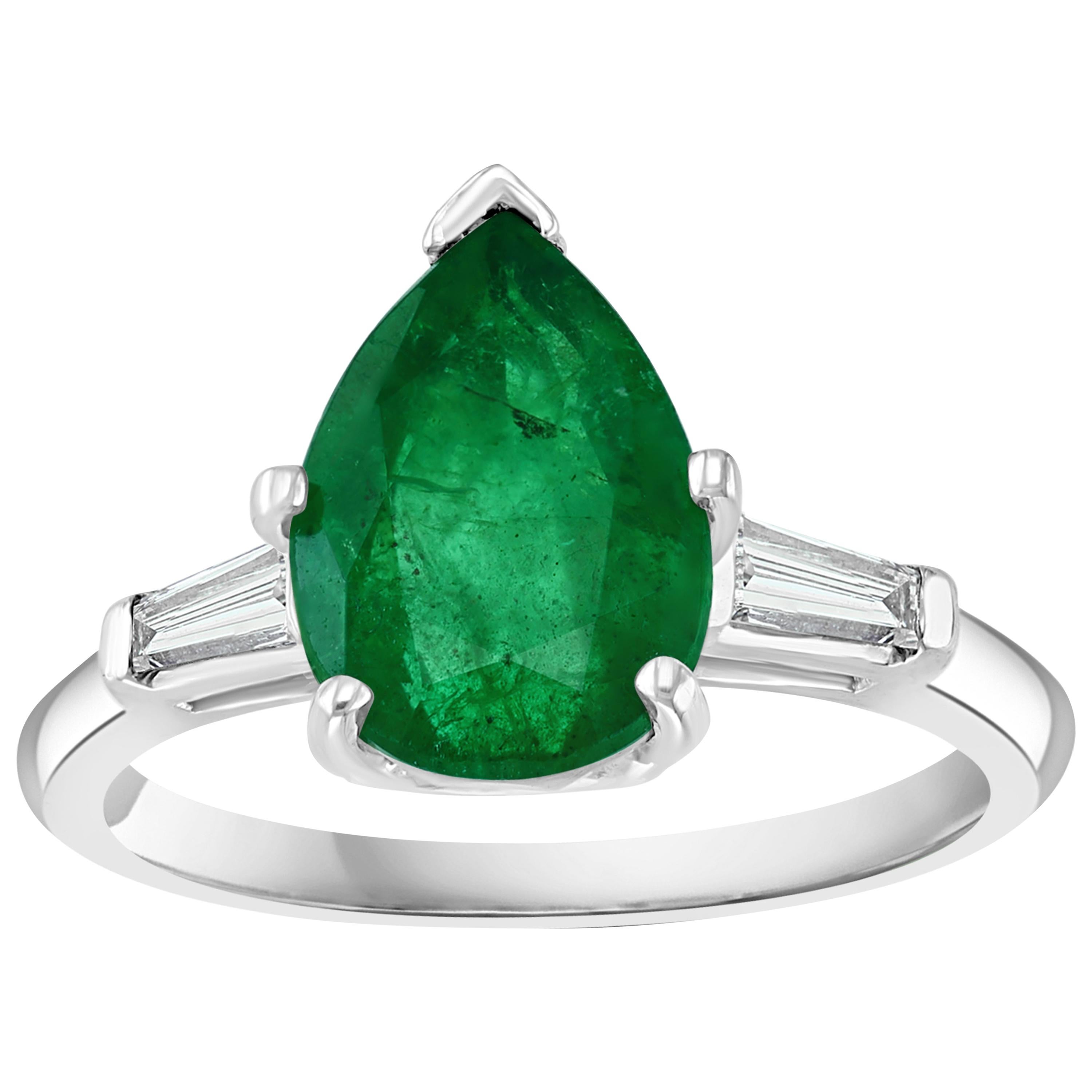 3.5 Carat Pear Cut Emerald and Diamond Ring 14 Karat White Gold For Sale
