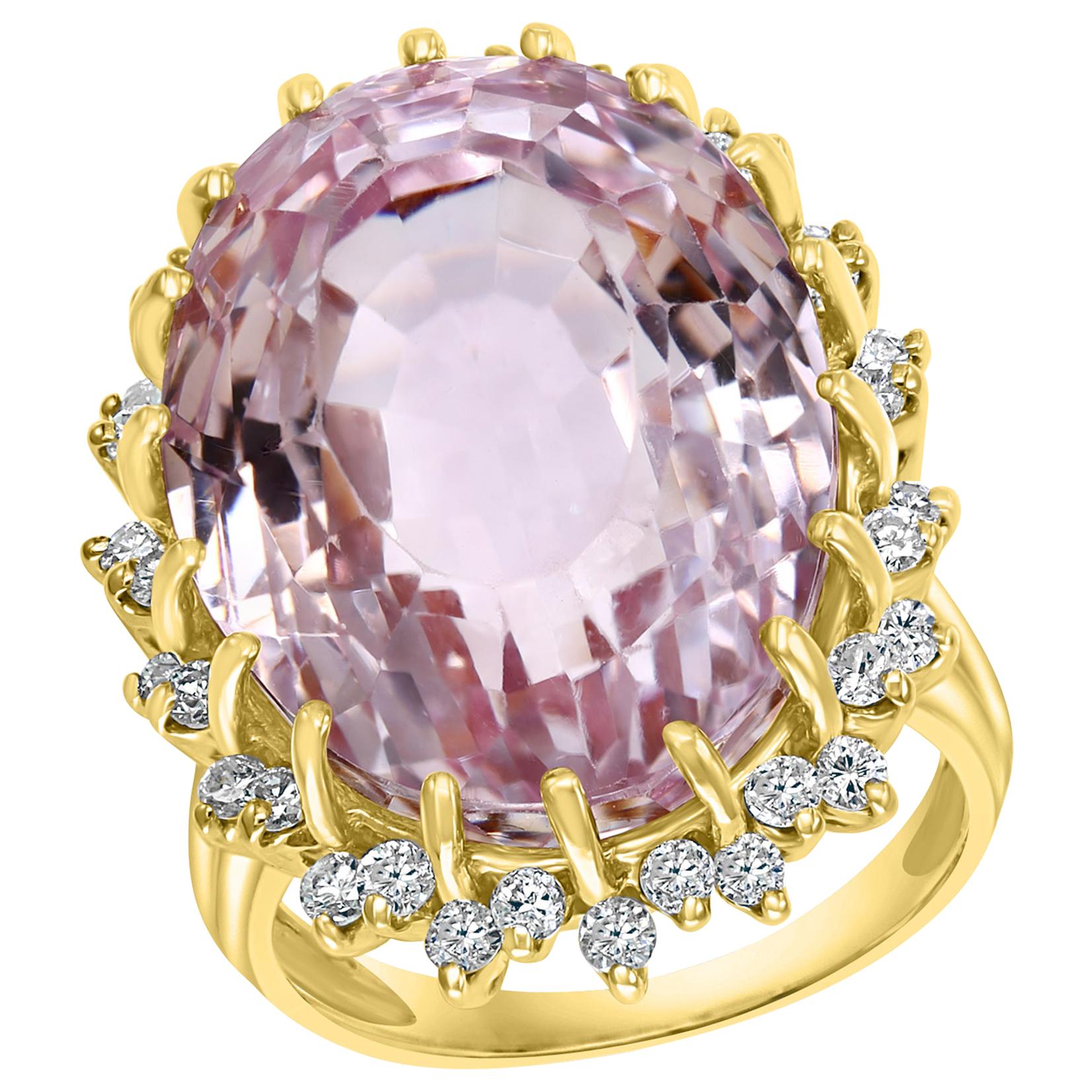 35 Carat Pink Amethyst and Diamond Cocktail Ring in 14 Karat Yellow Gold