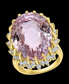 35 Carat Pink Amethyst and Diamond Cocktail Ring in 14 Karat Yellow Gold