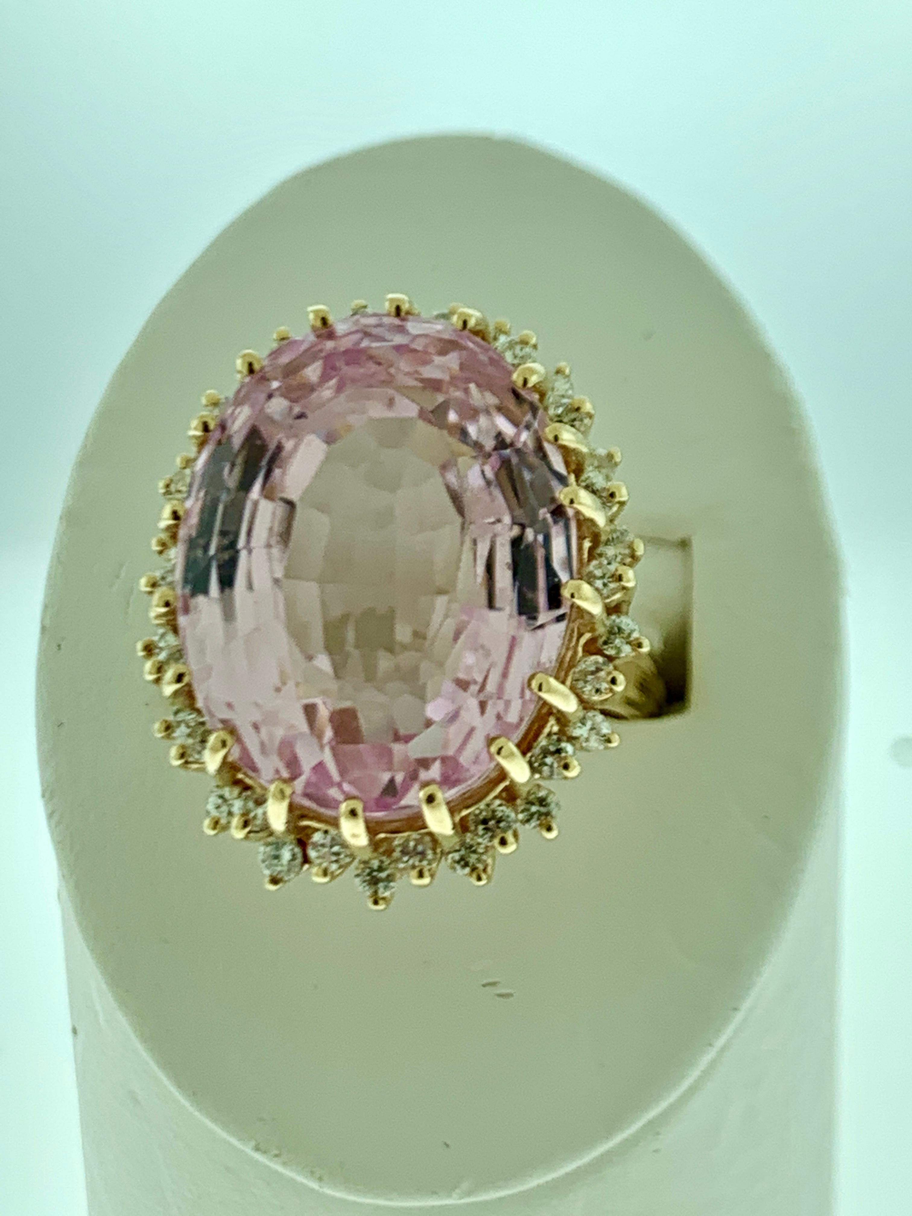 Oval Cut 35 Carat Pink Amethyst and Diamond Cocktail Ring in 14 Karat Yellow Gold