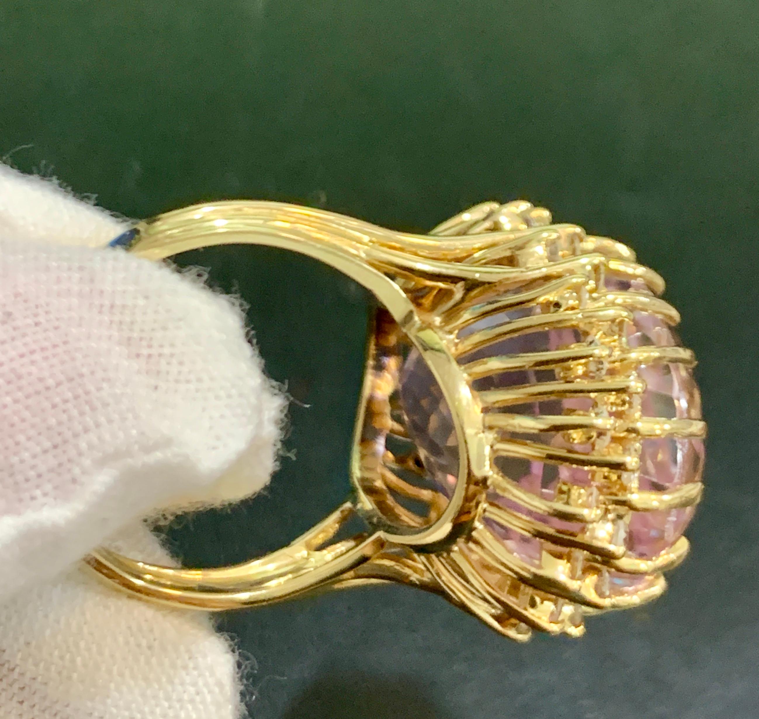 35 Carat Pink Amethyst and Diamond Cocktail Ring in 14 Karat Yellow Gold In Excellent Condition In New York, NY