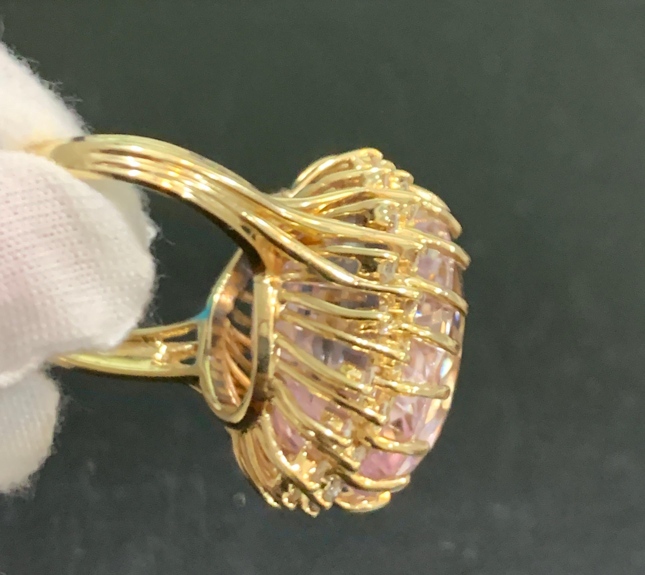 Women's 35 Carat Pink Amethyst and Diamond Cocktail Ring in 14 Karat Yellow Gold
