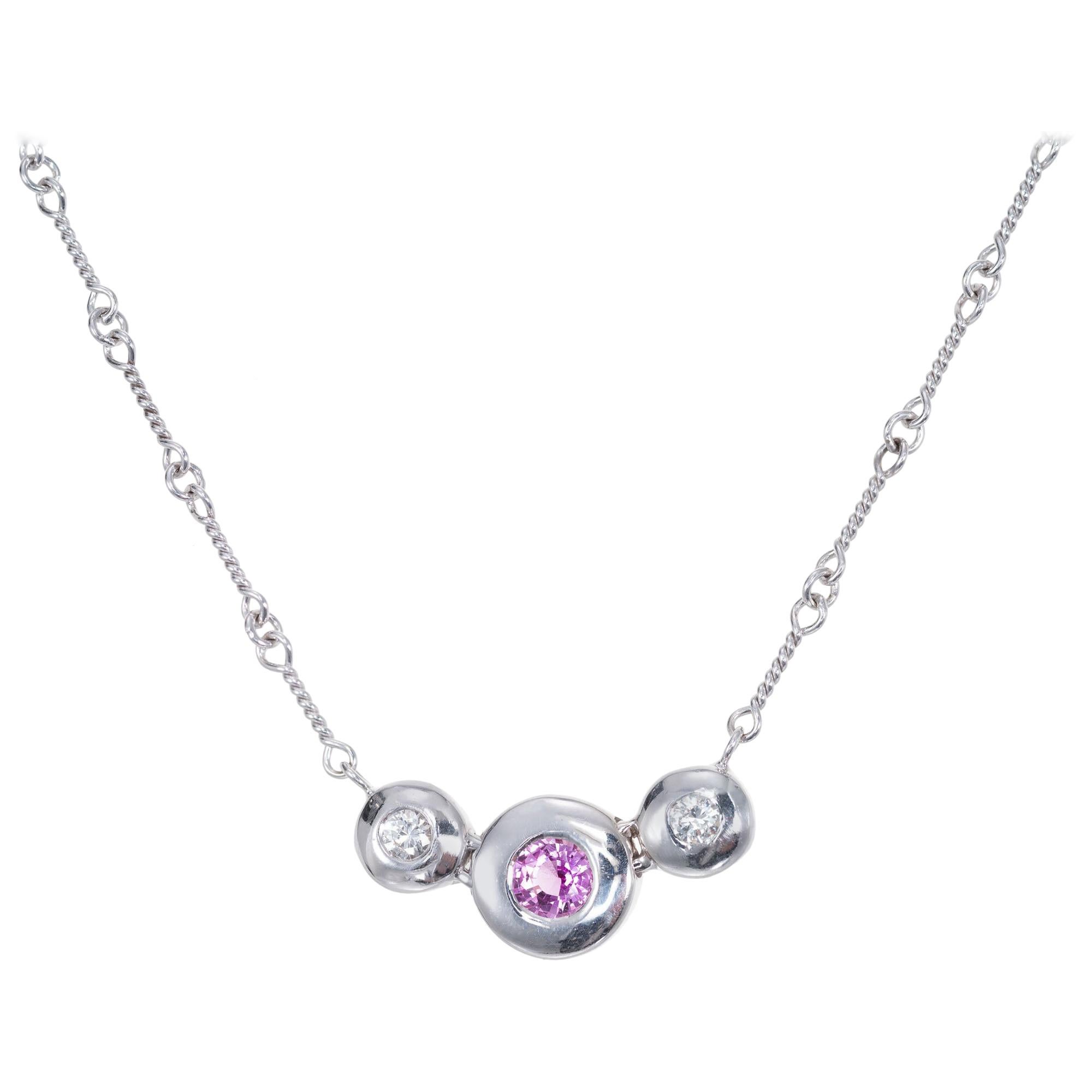 .35 Carat Pink Sapphire Diamond White Gold Link Chain Pendant Necklace For Sale