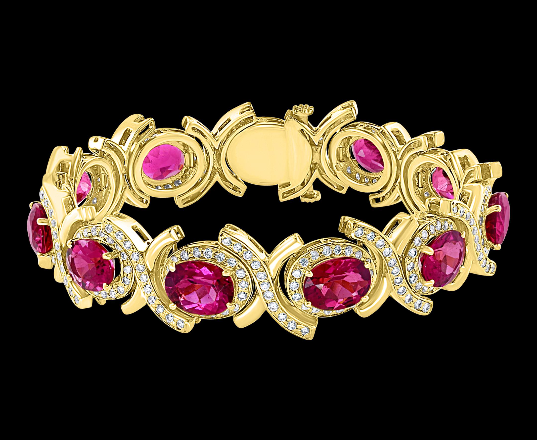 Approximately 35 Carat Pink Tourmaline & 4.5 Carat Diamond Bracelet In 14 Karat Yellow Gold
A spectacular jewelry piece.  This exceptional bracelet has 11  Oval shape Pink Tourmaline  stone . Weight of the Pink Tourmaline  is approximately 35 carat