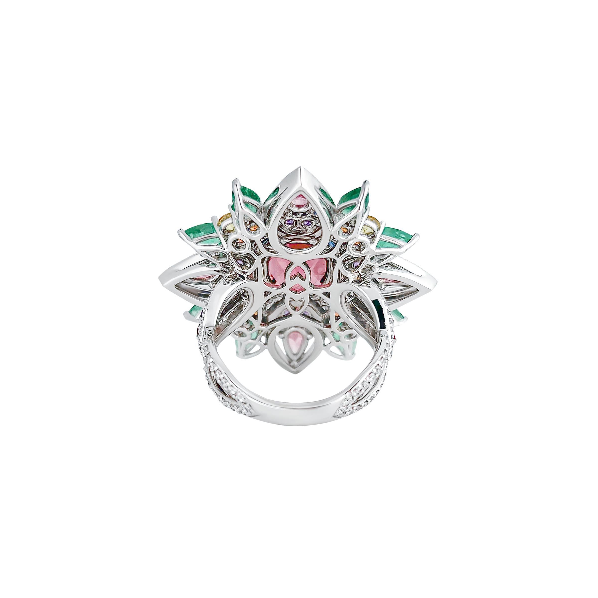 Modern 3.5 Carat Pink Tourmaline Cocktail Ring with Emeralds, Sapphires and Diamond