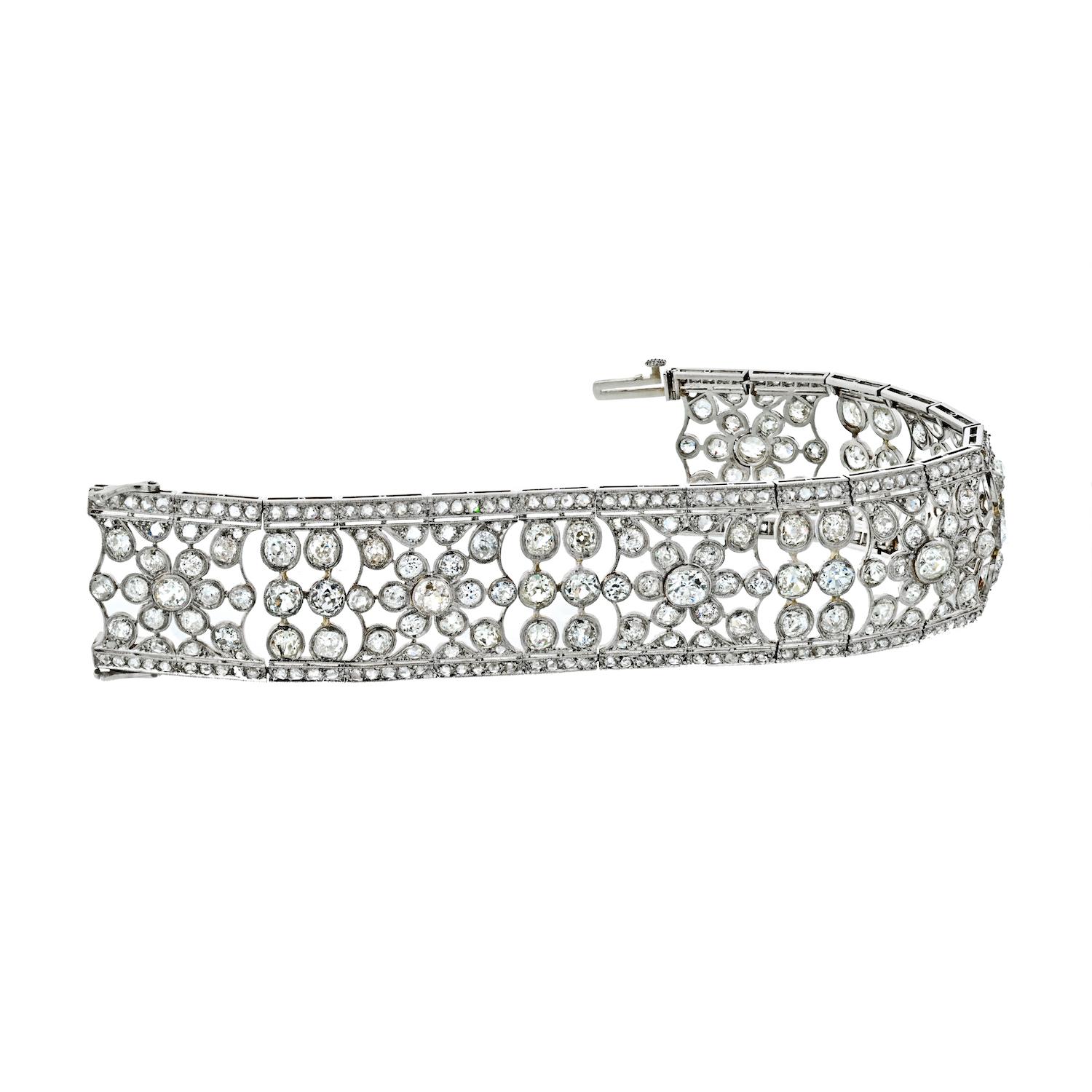Bracelet ajouré en platine avec diamants ronds taille ancienne de 35 carats Bon état - En vente à New York, NY