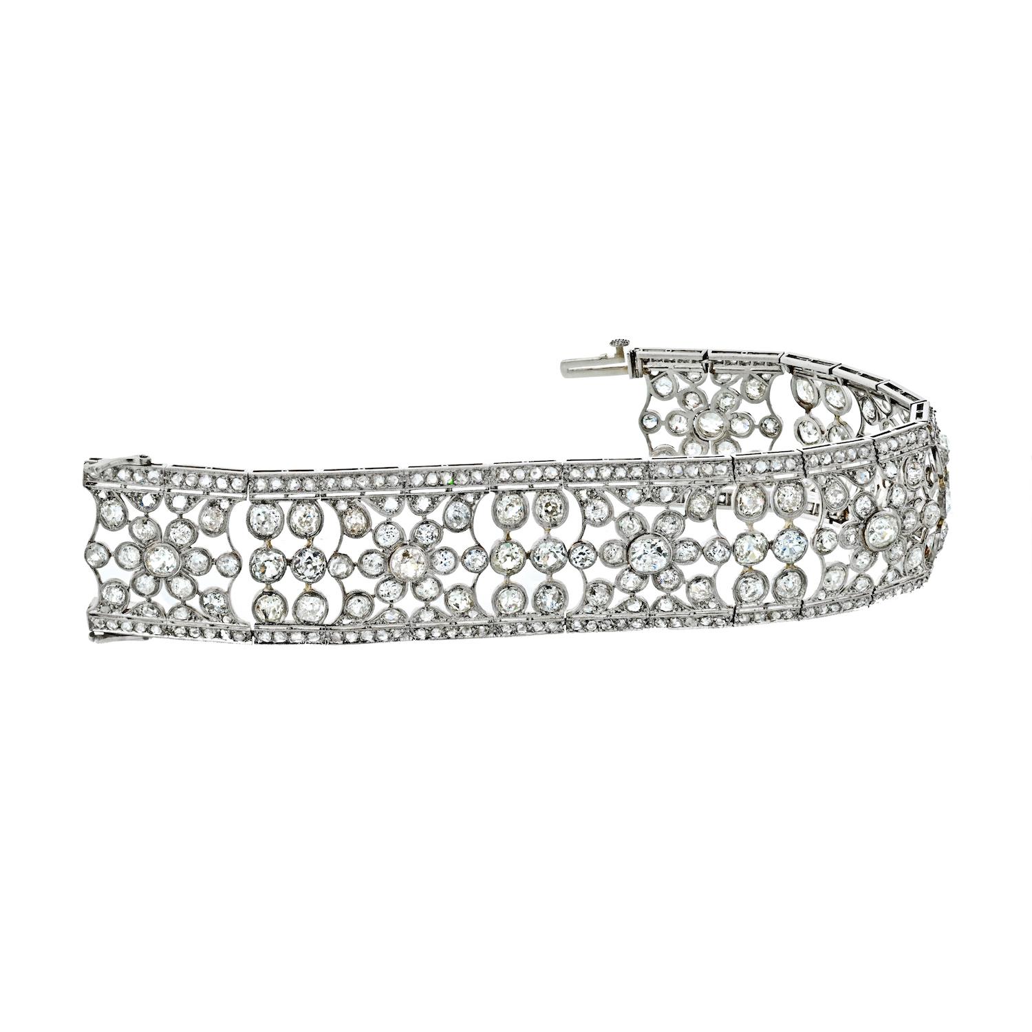 35 Carat Platinum Old-Cut Round Diamond Openwork Bracelet In Good Condition For Sale In New York, NY