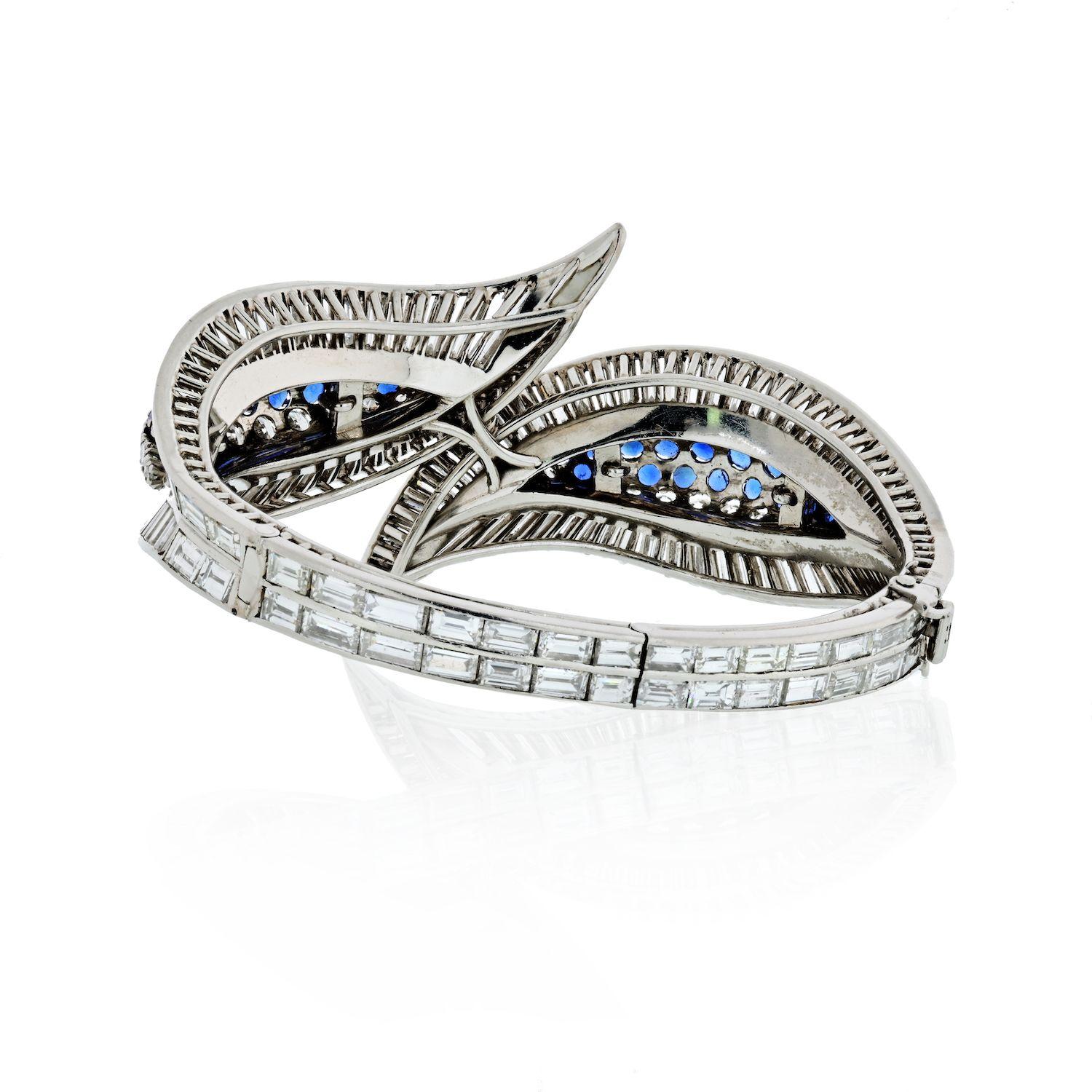 Modern 35 Carat Platinum Sapphire and Diamond Exquisite Diamond Hinged Bracelet