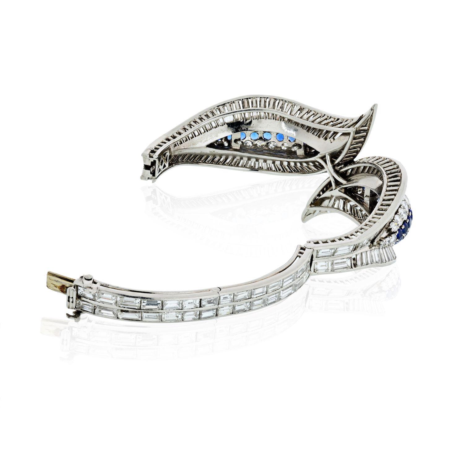 Round Cut 35 Carat Platinum Sapphire and Diamond Exquisite Diamond Hinged Bracelet