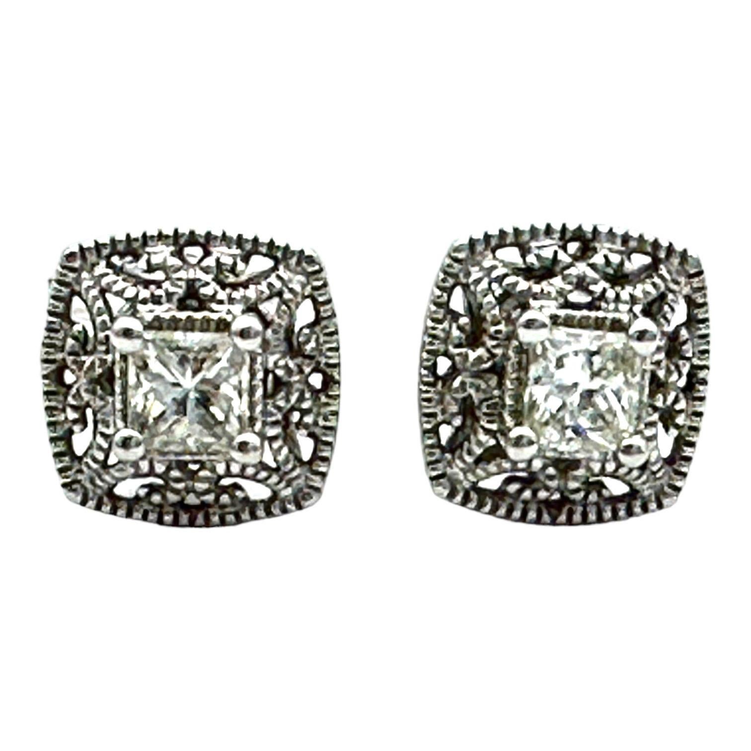 .35 Carat Princess Lacy Diamond Stud Earrings In Excellent Condition For Sale In Laguna Hills, CA