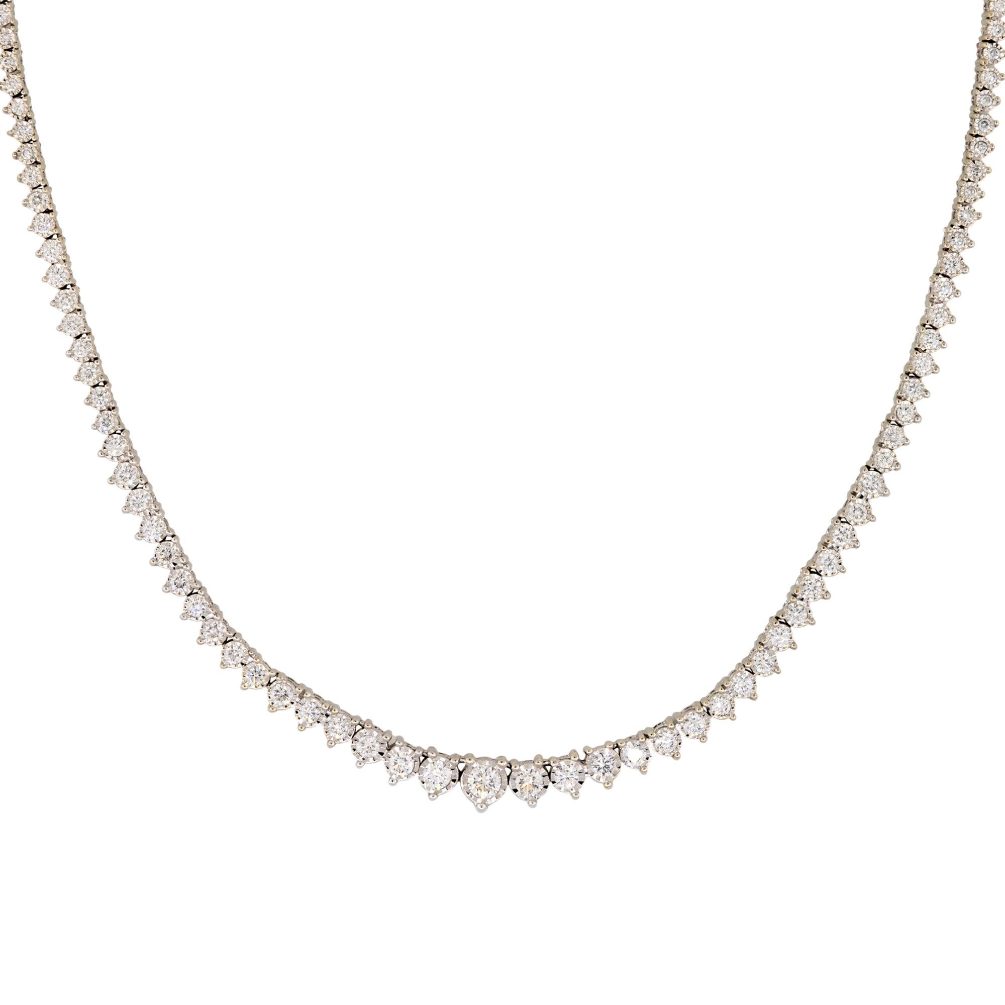 This graduated illusion set diamond tennis necklace is the perfect piece of jewelry for someone who wants the look of larger diamonds. The way this necklace is set uses metal to create the illusion of larger diamonds. At first glance, you can not