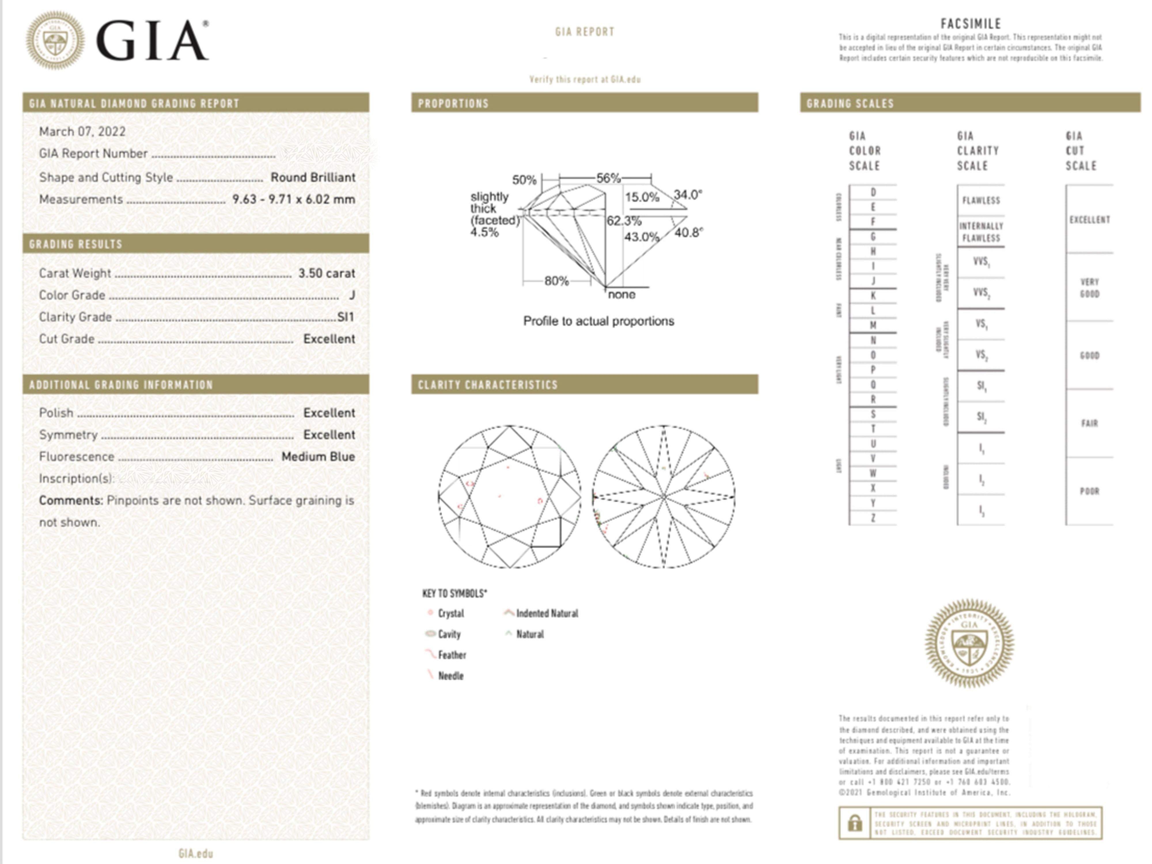 Women's Natural 3.5 Carat Round Cut Diamond, Engagement Ring 18k Rose Gold, GIA Report For Sale