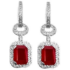 3.5 Carat Ruby & 1 Carat Diamond Hanging / Dangling Earrings 14 Karat White Gold