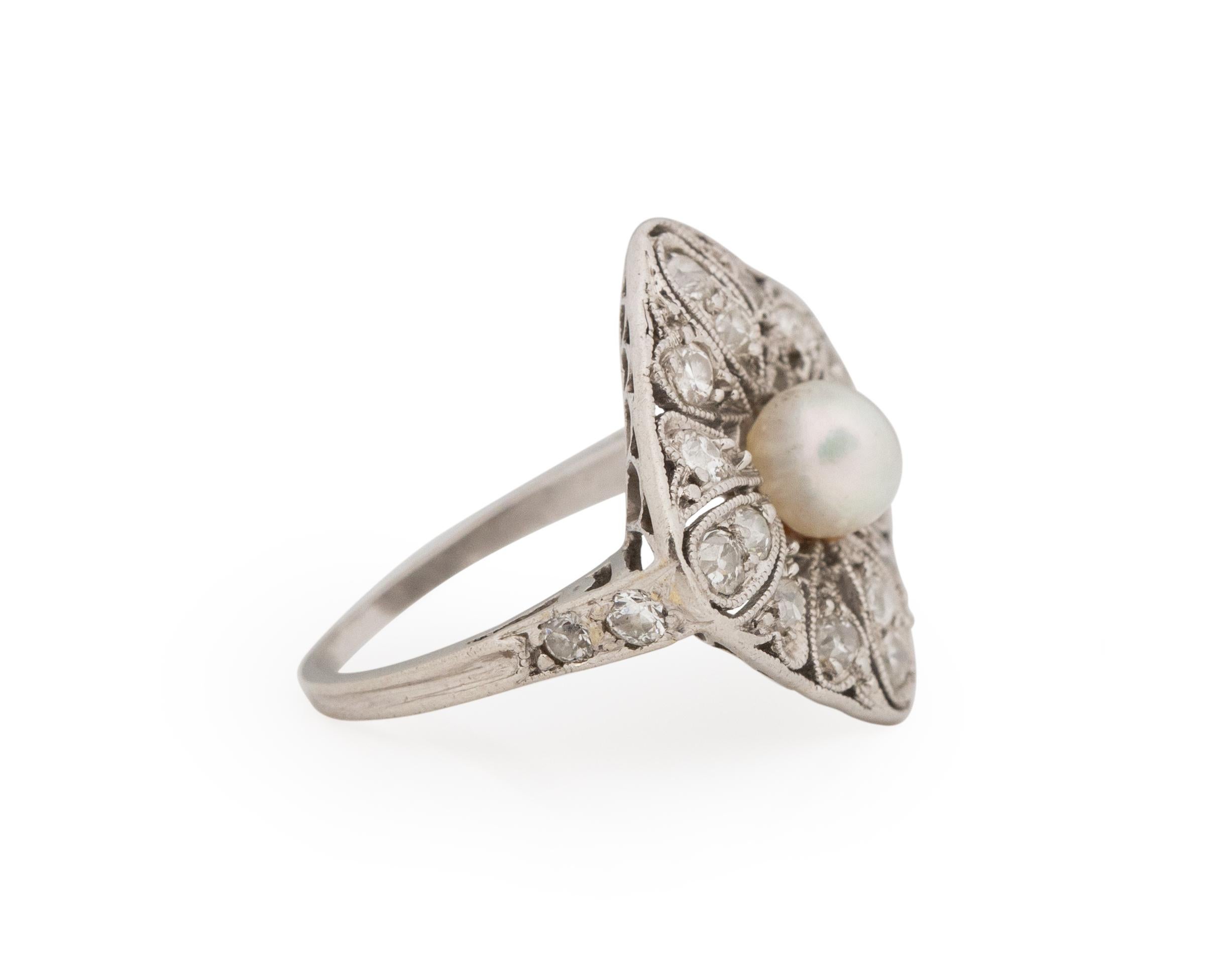 Ring Size: 3
Metal Type: Platinum [Hallmarked, and Tested]
Weight: 2.0 grams

Diamond Details:
Weight: .35carat, total
Cut: Old European brilliant
Color: G-H
Clarity: SI

Pearl Detail: Natural, Round, Pinkish-White, .50ct

Finger to Top of Stone