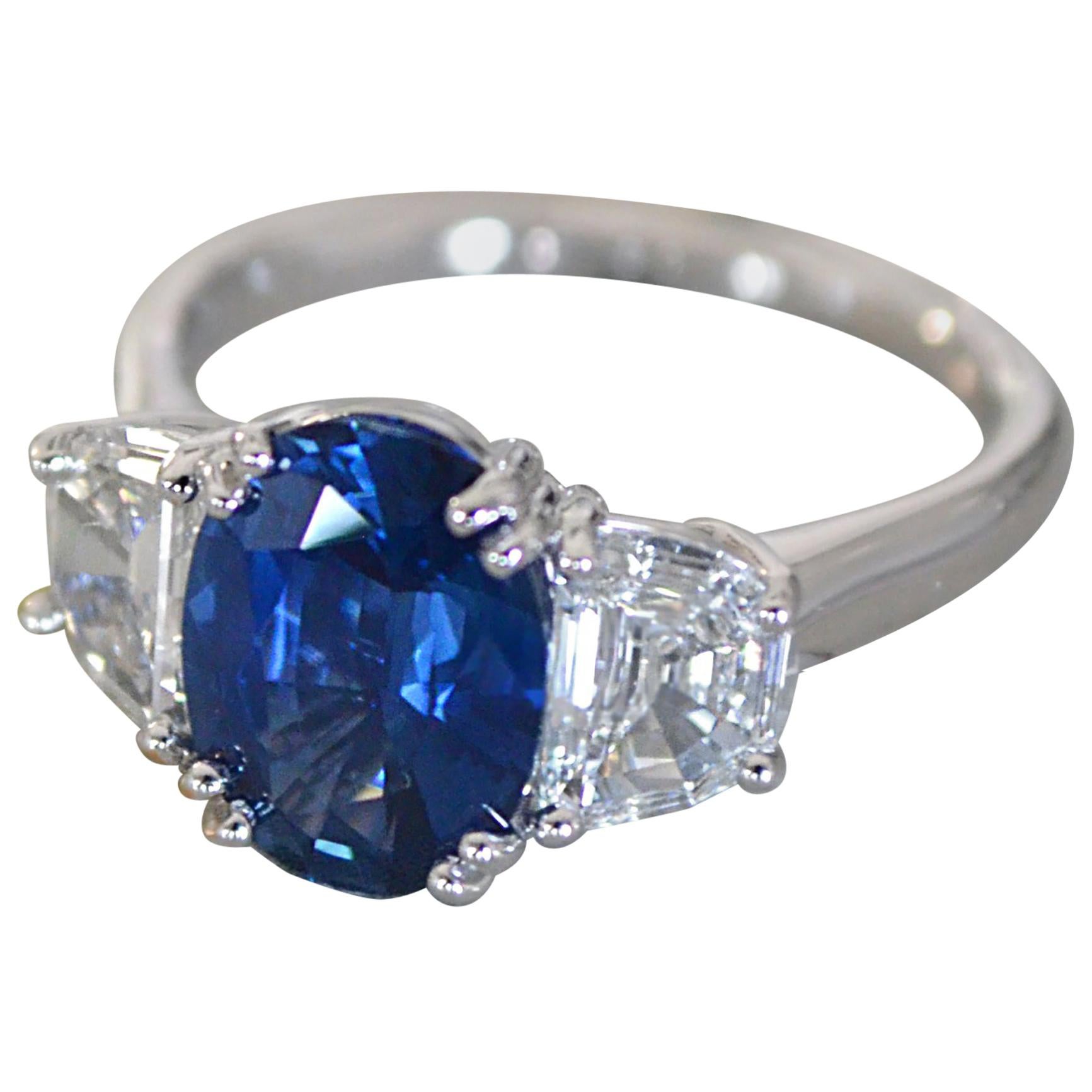 3.5 Carat tw Apprx Blue Oval Sapphire & Trapezoid 3 Stone Ring - Ben Dannie For Sale