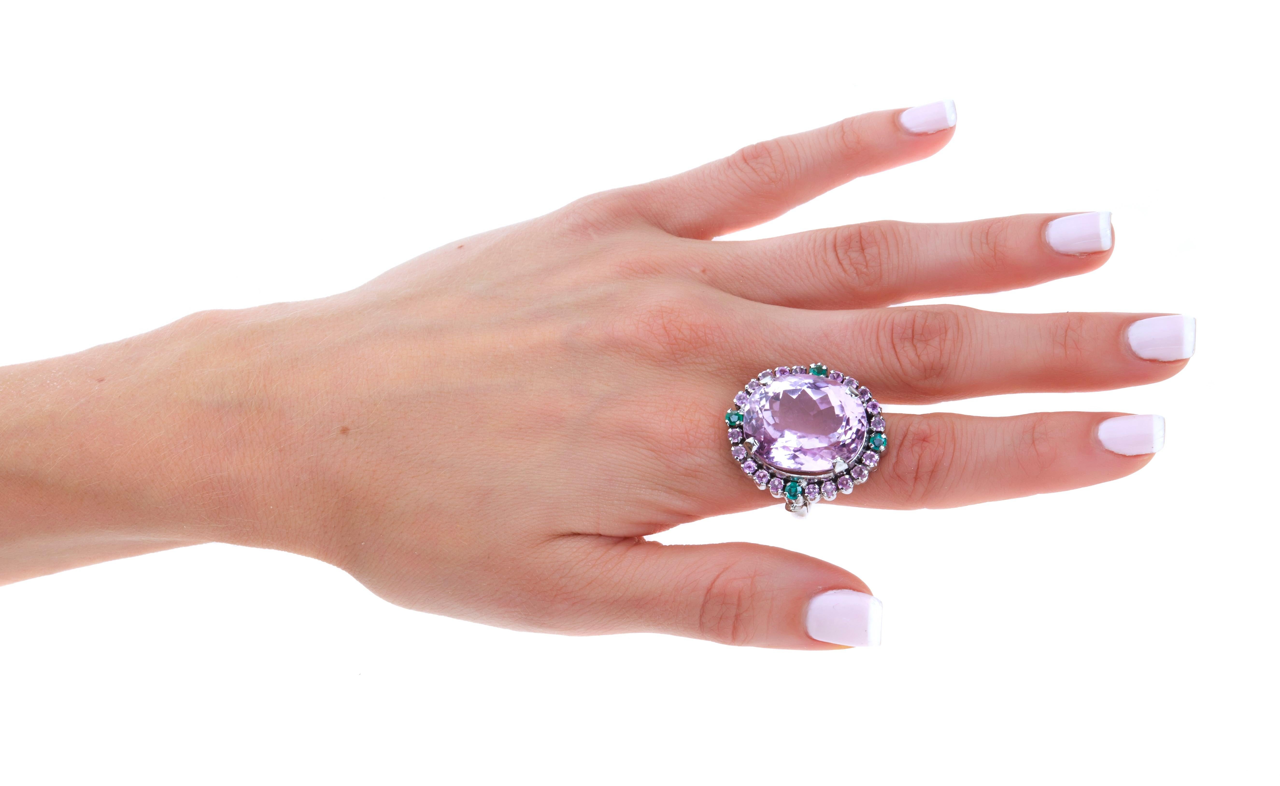 35 Carat Unheated Pink Kunzite Emerald and Pink Sapphire Cocktail Ring For Sale 4