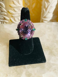 35 Carat Unheated Pink Kunzite Emerald and Pink Sapphire Cocktail Ring