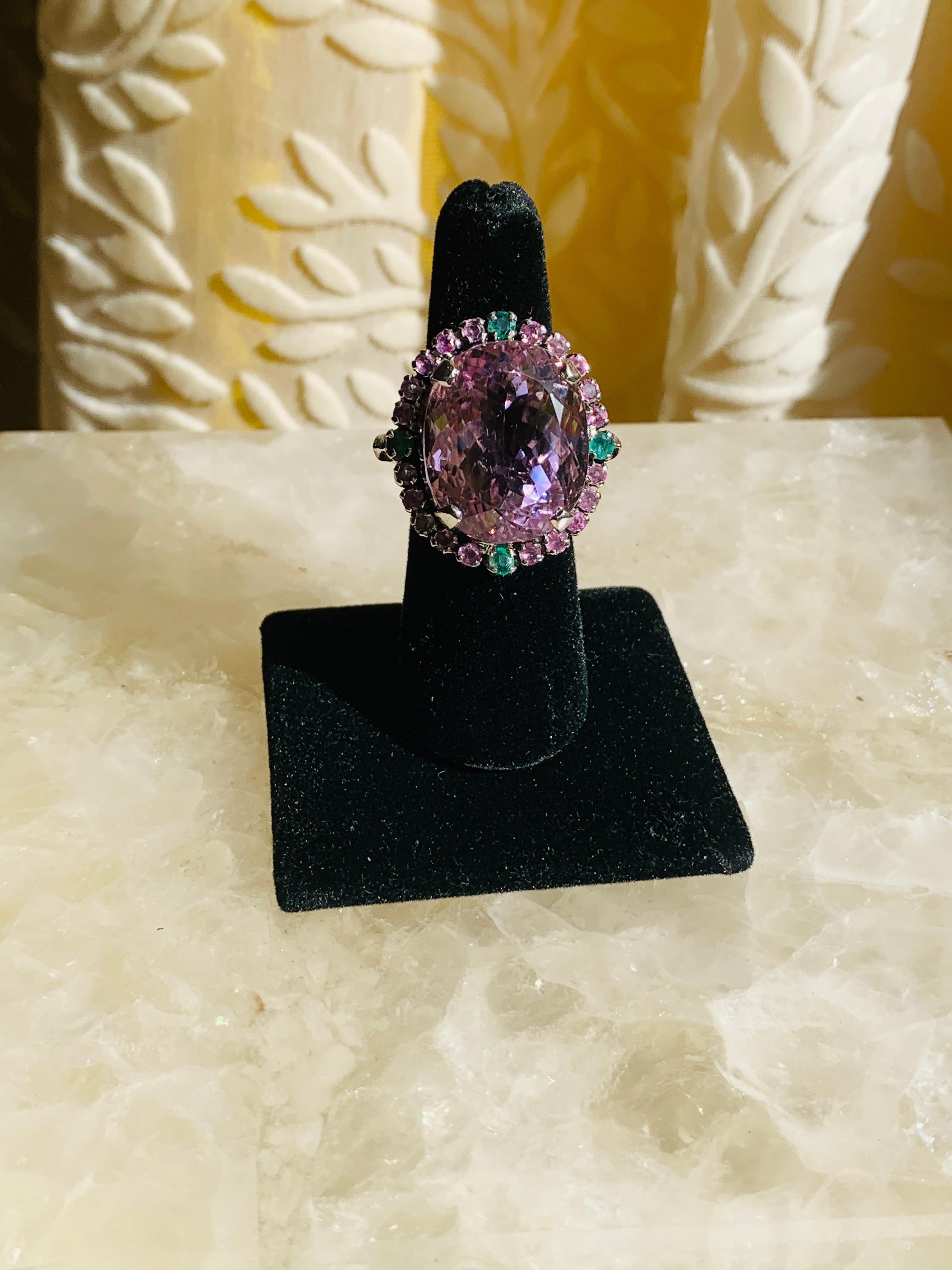 Artisan 35 Carat Unheated Pink Kunzite Emerald and Pink Sapphire Cocktail Ring For Sale