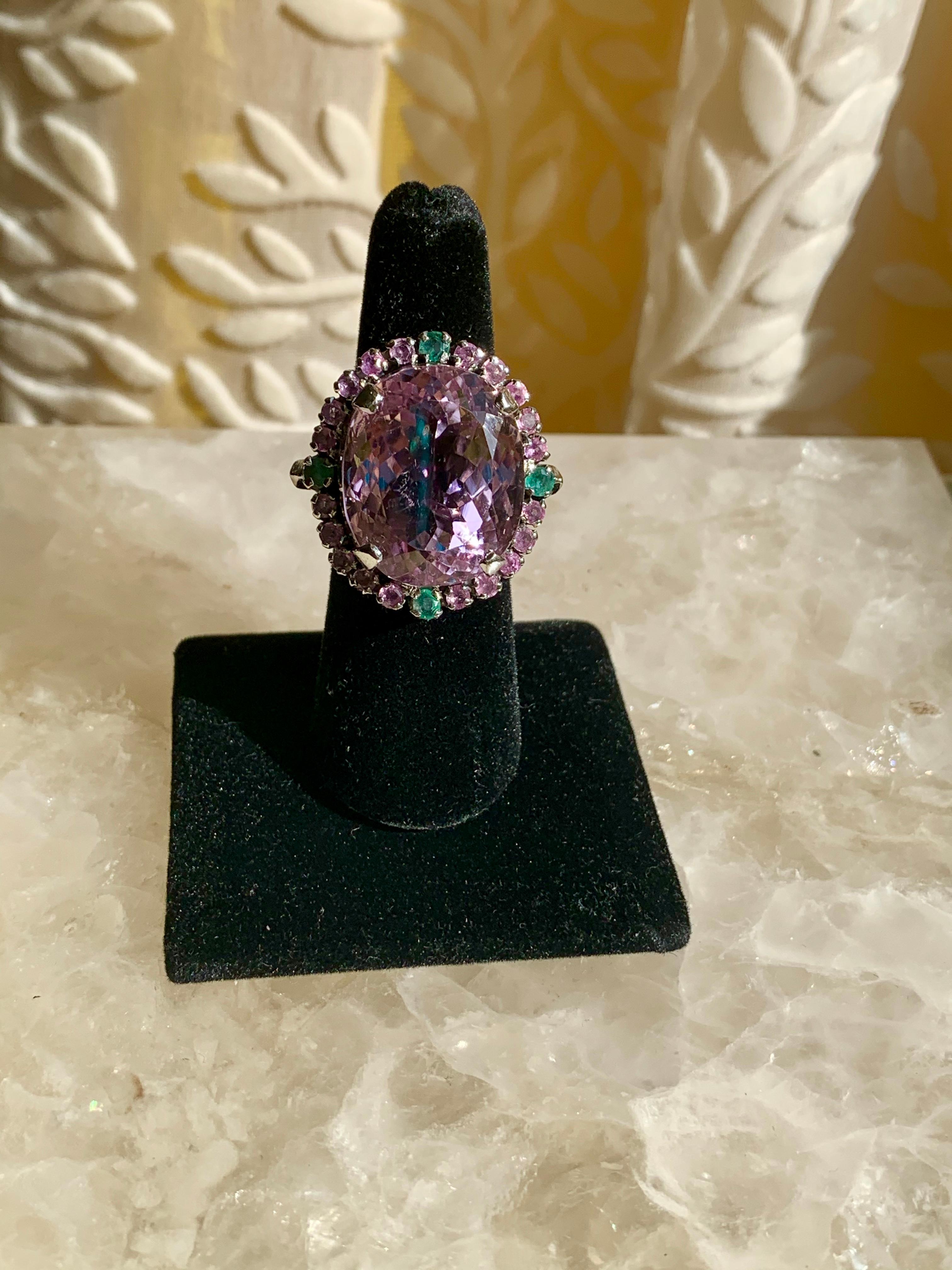 Oval Cut 35 Carat Unheated Pink Kunzite Emerald and Pink Sapphire Cocktail Ring For Sale