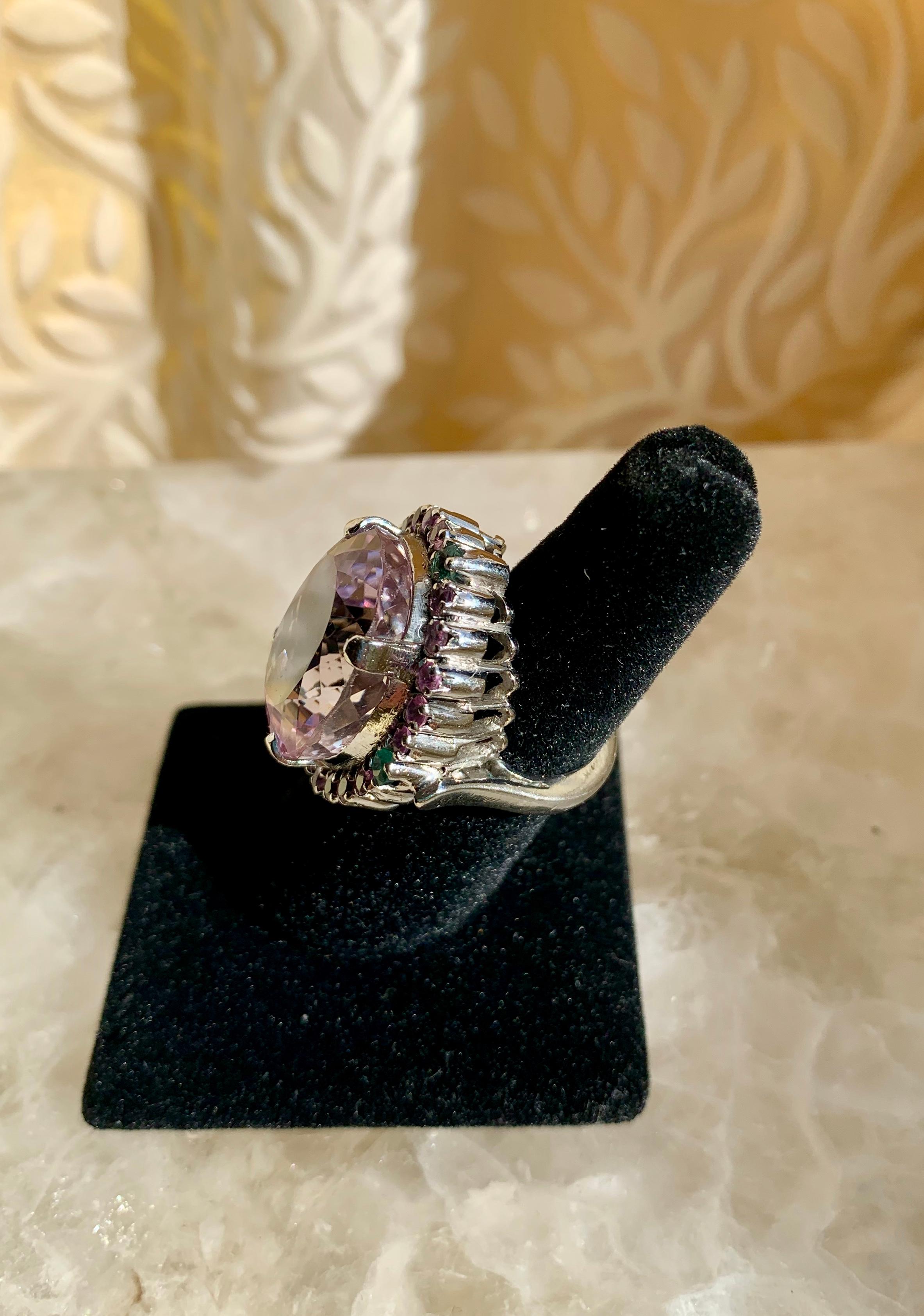 35 Carat Unheated Pink Kunzite Emerald and Pink Sapphire Cocktail Ring For Sale 1