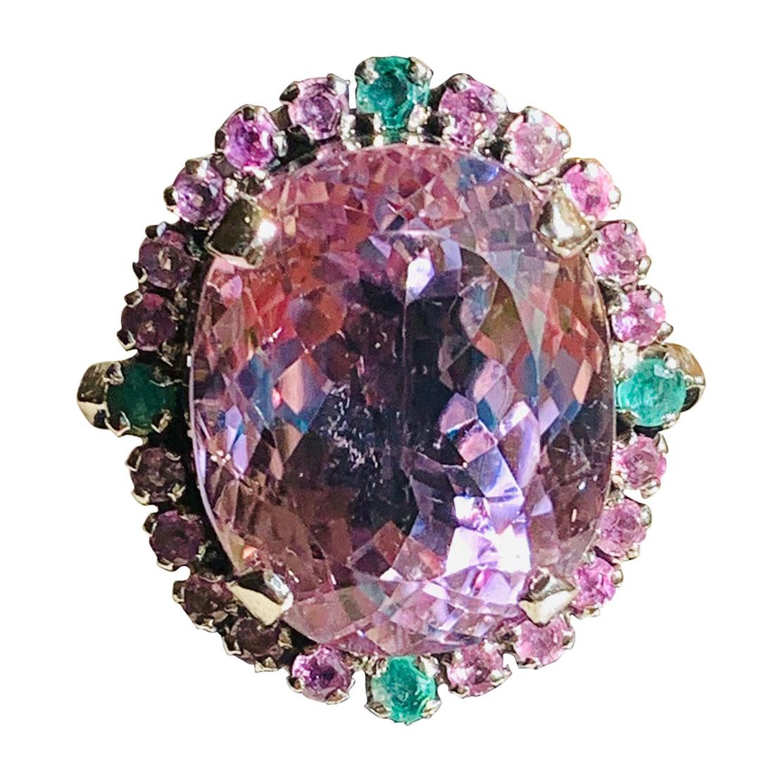 35 Carat Unheated Pink Kunzite Emerald and Pink Sapphire Cocktail Ring