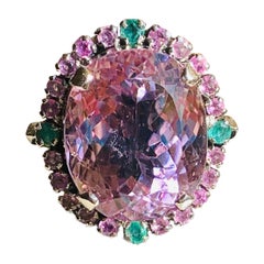 Anello da cocktail con smeraldo rosa Kunzite non riscaldato e zaffiro rosa da 35 carati