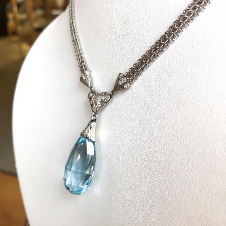 35 Carat Vintage Briolette Aquamarine and Diamond Necklace For Sale at ...