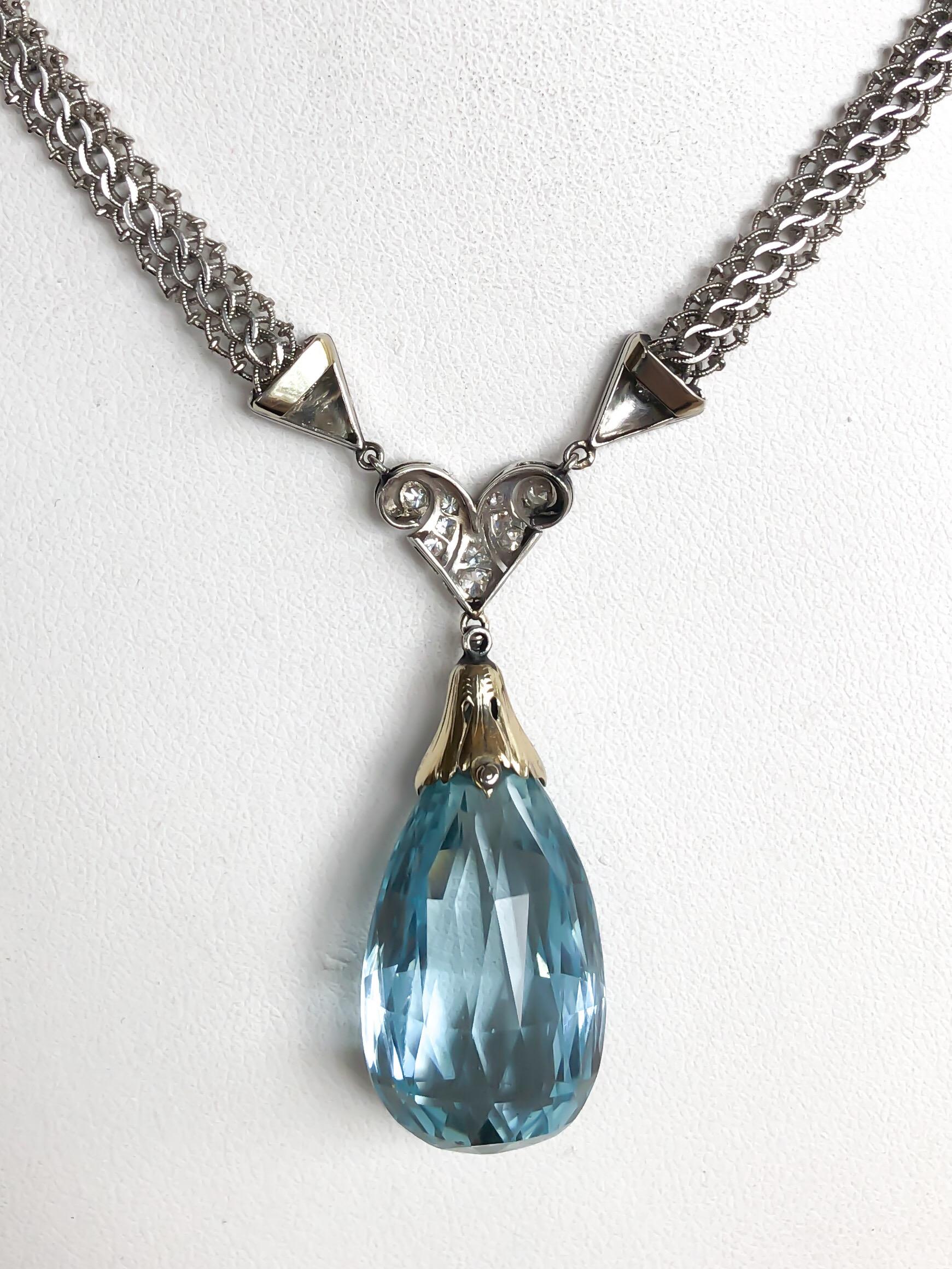35 Karat Vintage Briolette Aquamarin und Diamant-Halskette im Zustand „Gut“ in Carmel-by-the-Sea, CA