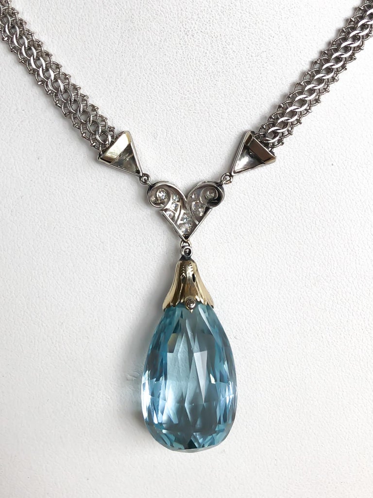 35 Carat Vintage Briolette Aquamarine and Diamond Necklace For Sale at ...