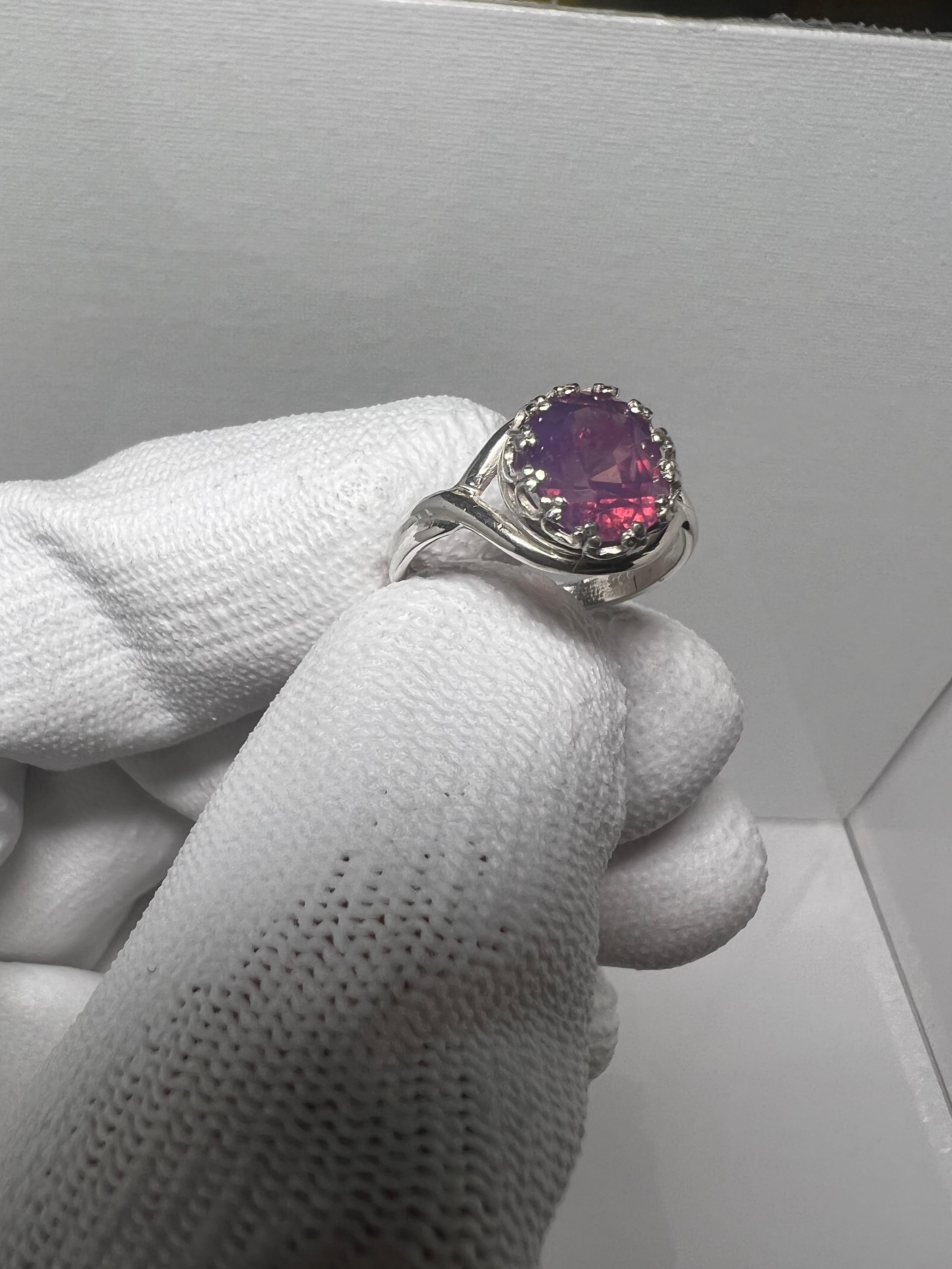 3.5 Carat Vivid Reddish Pink with Blue Hue Kashmir Sapphire Silver Ring 1