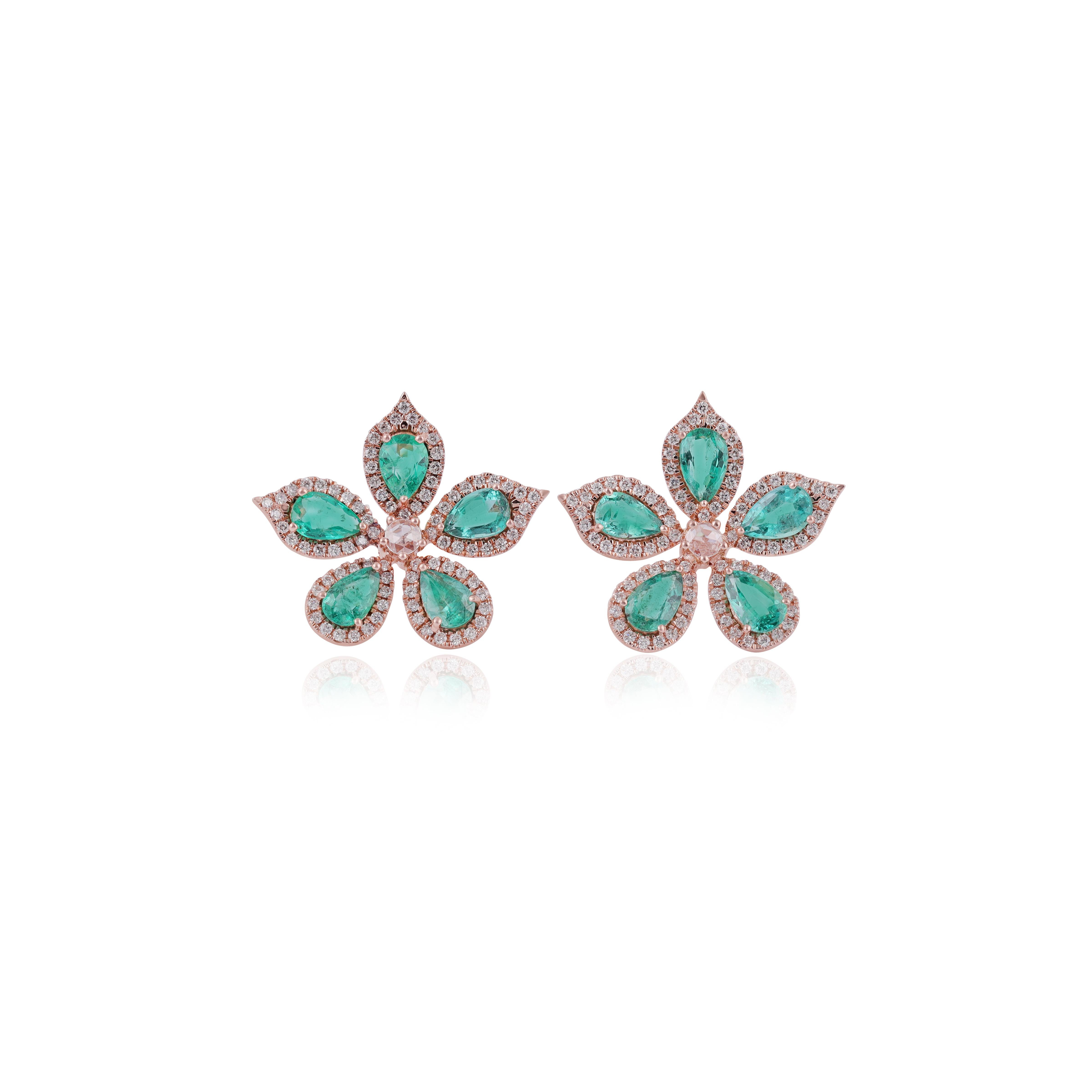 Magnificent Emerald  & Diamond Earrings 
Pear cut Emerald  approx. 3.5 CTS
172 Round brilliant cut diamonds 0.84 CTS
2 rose cut diamond 0.1 CTS
18 k Rose gold mounting 5.80 GMS

Custom Services
Request Customization