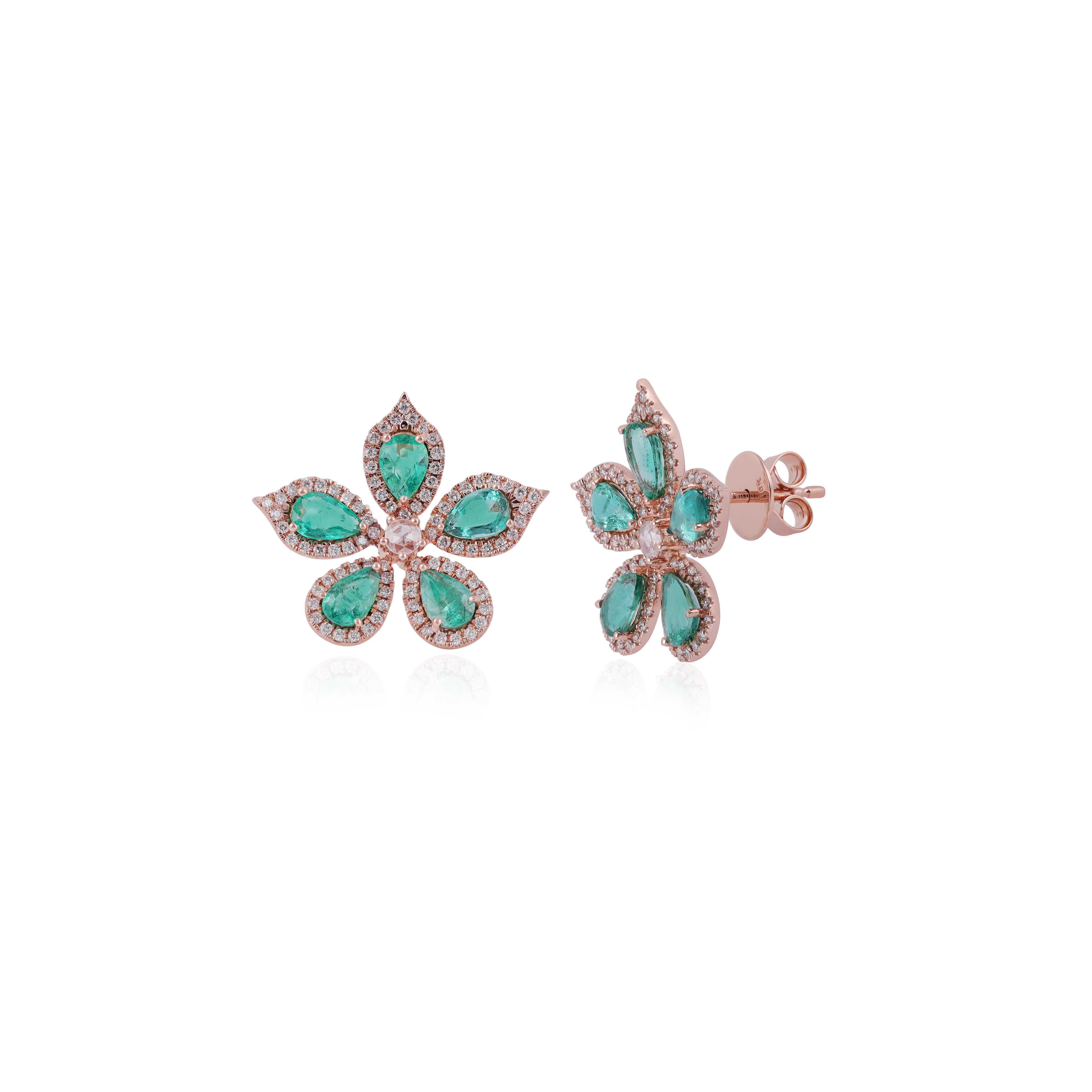 Pear Cut 3.5 Carat Zambian Emerald & Diamond Flower Earrings in 18k Rose Gold For Sale