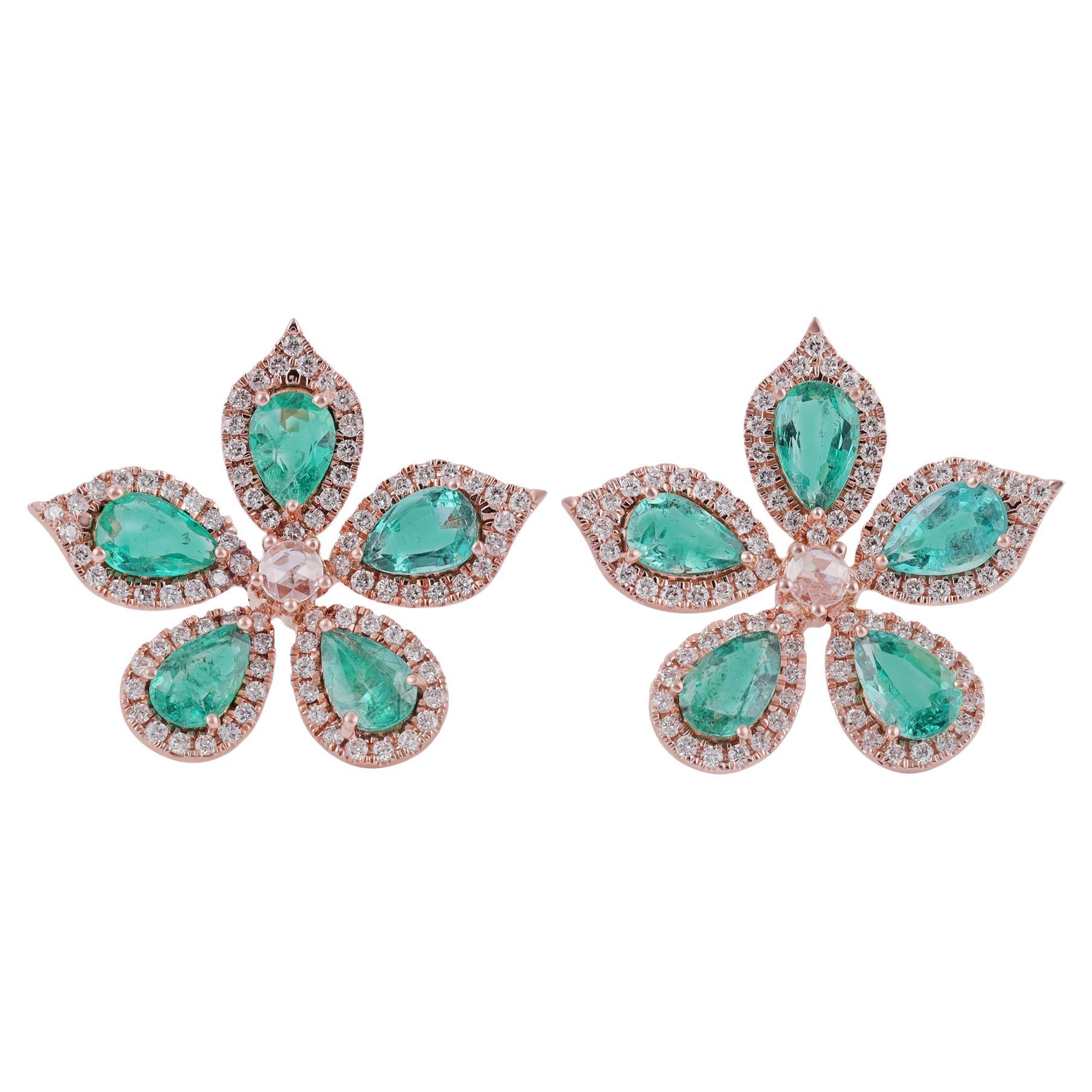 3.5 Carat Zambian Emerald & Diamond Flower Earrings in 18k Rose Gold For Sale