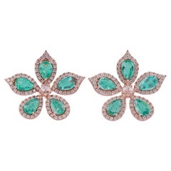 3,5 Karat sambische Smaragd- und Diamant-Blumen-Ohrringe aus 18 Karat Roségold